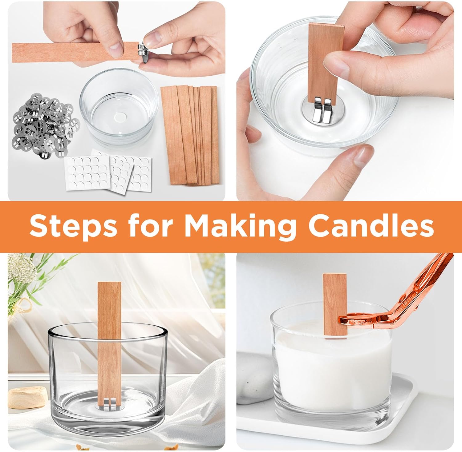 120 Pcs Extra Thick Wood Wicks, Wide Wood Wicks for Candles Making with Wick Trimmer, Wooden Wicks 5.1×0.75×0.04 Inches for 8 oz Candle Jar, Long-Lasting Flame, Easy to Burn (60 Sets)
