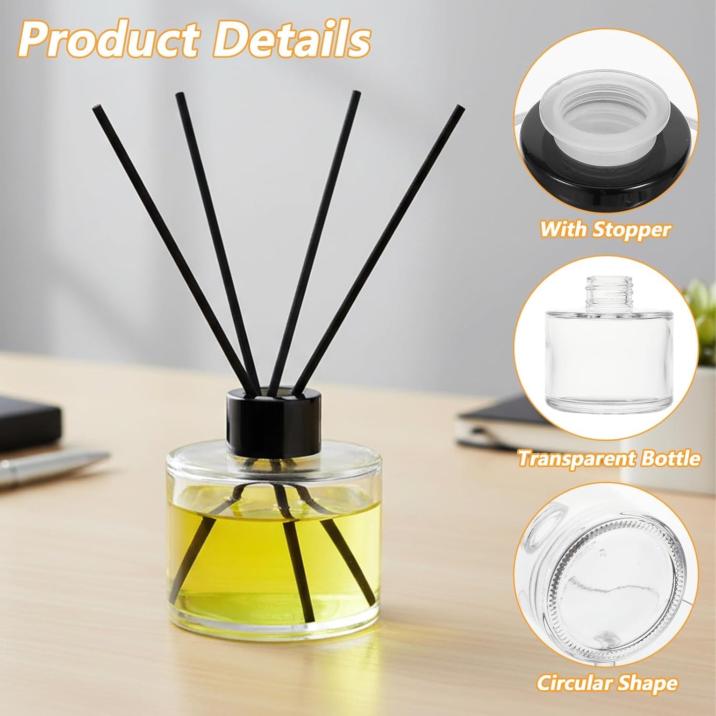 8 PCS Fragrance Glass Diffuser Bottles, Refillable Diffuser Bottles with 40 Pcs Reeds Sticks, Black Caps, Diffuser Jars for Living Room Home Replacement Fragrance DIY Decor, 100ML