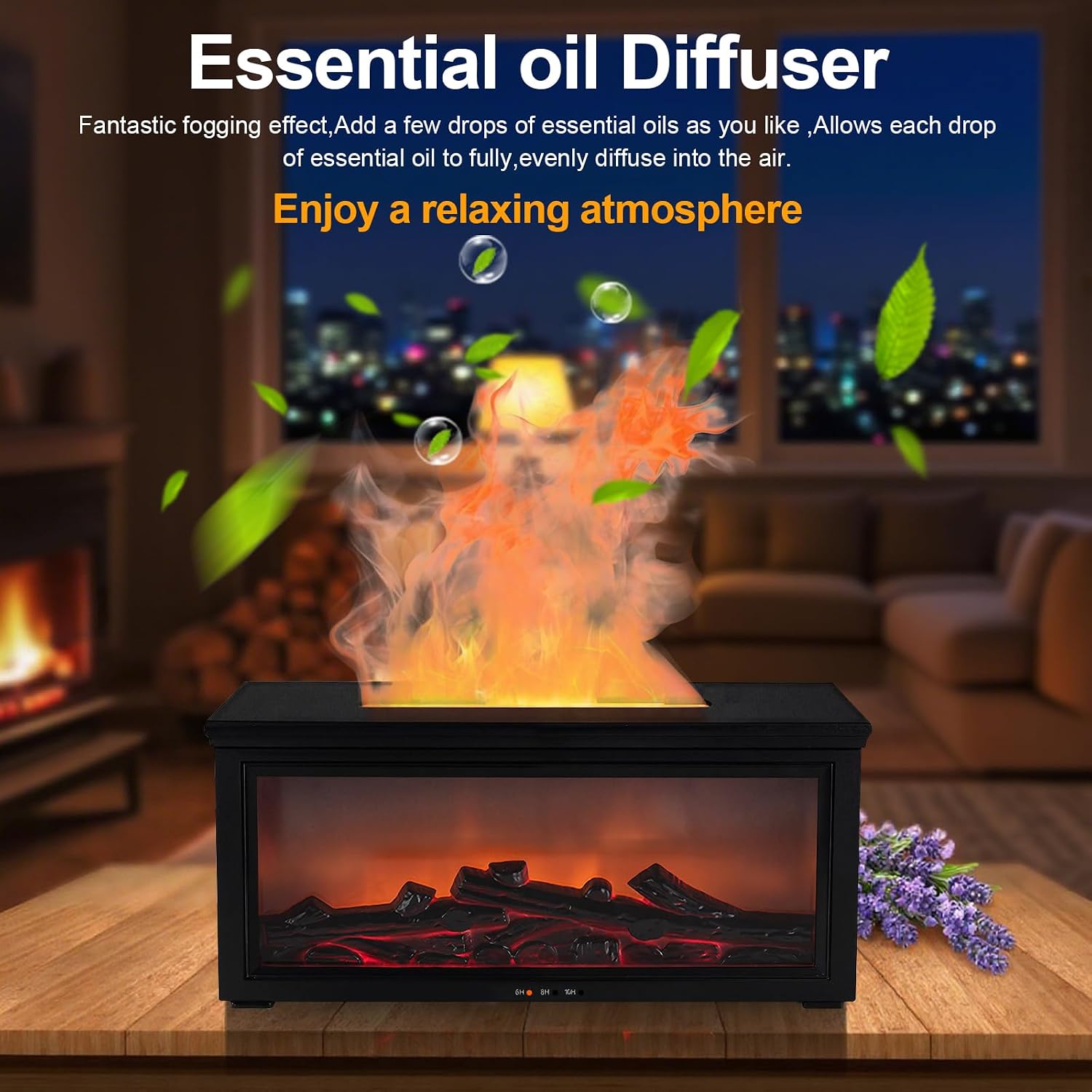 Fireplace Flame Essential Oil Diffuser Humidifier - Ultrasonic Aroma Diffuser with 7-Color Flame Effect, Remote Control & Auto-Off Timer for Bedroom, Home Office,Yoga(Black)