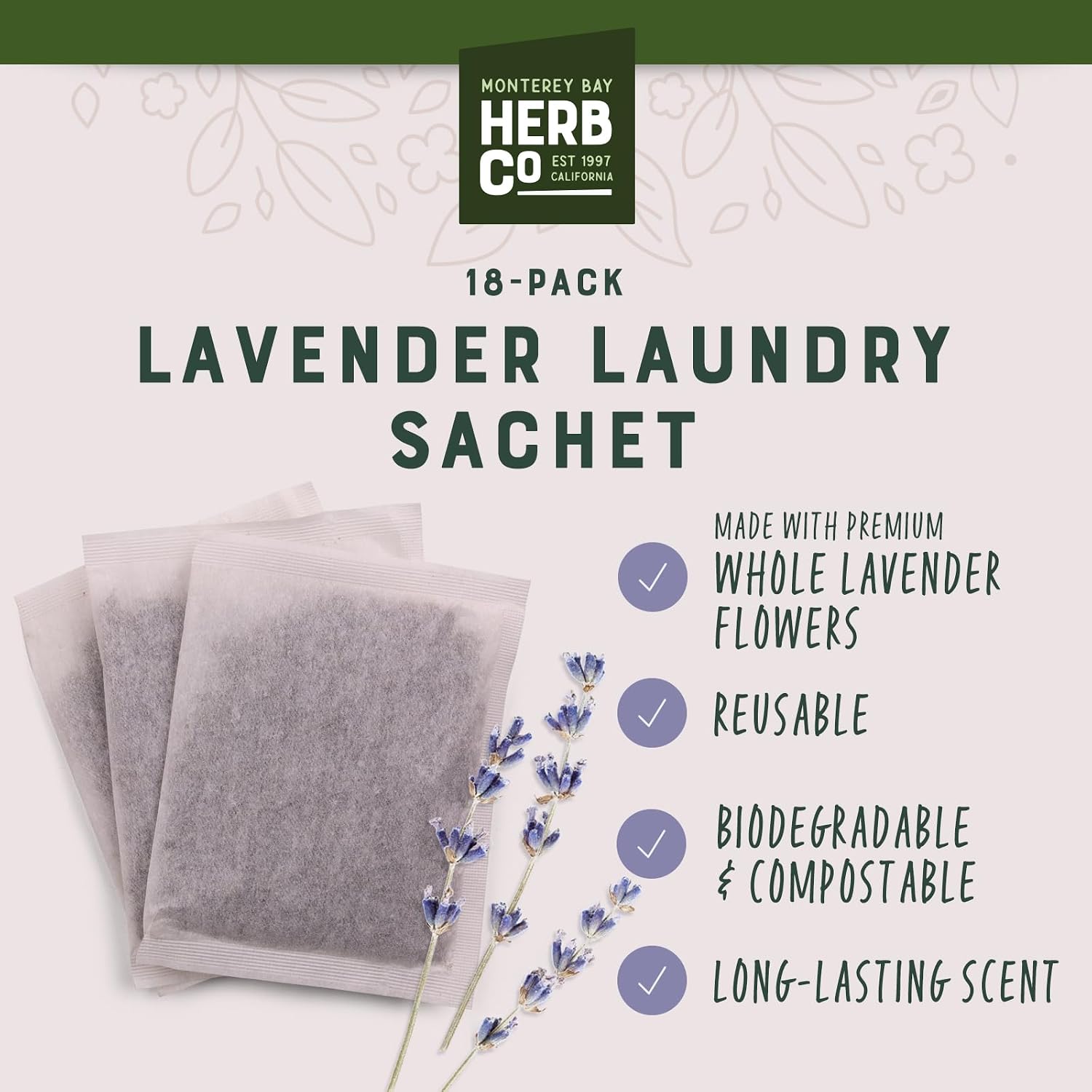 Lavender Laundry Sachets, by Herb Co, Lavandula x Intermedia, Natural, Reusable Dryer Fabric Softener and Closet Freshener, Kosher, Pack of 18