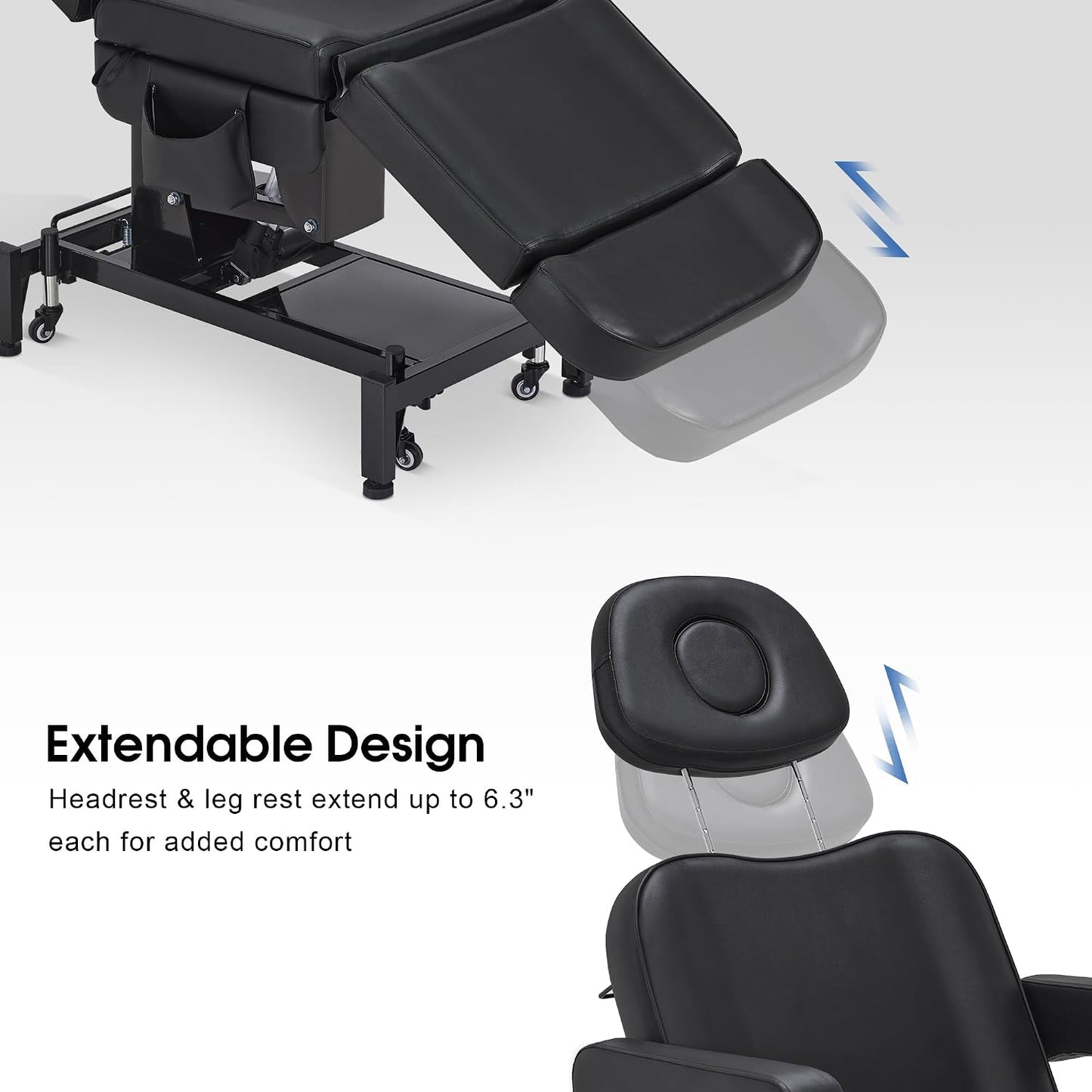 BarberPub Fully Electric Beauty Bed, 3-Motor Salon Spa Chair with Foot-Controlled Wheels, Adjustable Height, Backrest & Leg Rest – PVC Leather, Professional Facial & Treatment Table 2754 (Black)