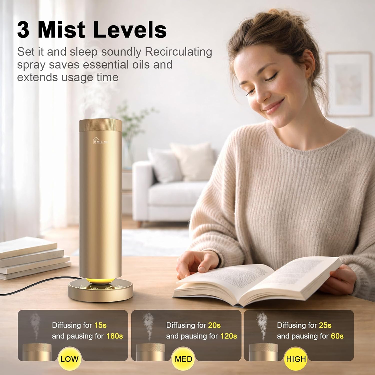 Waterless Diffuser,1500 Sq Ft,Ring Ambient Light,USB Plug-in & Rechargeable,Aluminum,Remote Control&Touch Buttons,Adjustable Fragrance&Timer,Hotel Collection Scent Machine - Gold