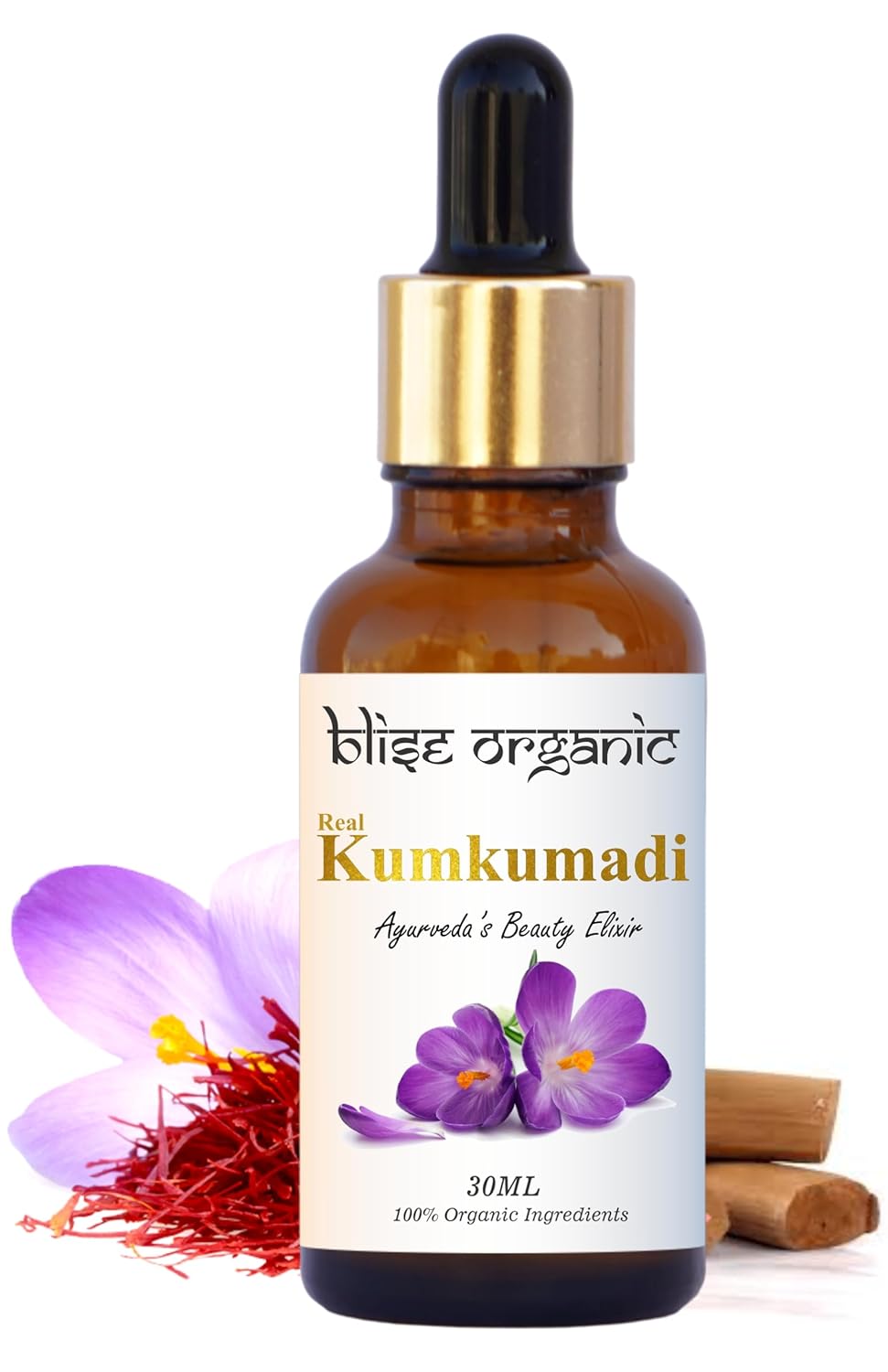Blise organic Real Kumkumadi oil - 100% Pure and Natural, Chemical Free, Serum Face Oil, Made with Potent and Rare 30 wild Herbs, Enriched with Saffron and sandalwood and, Non GMO