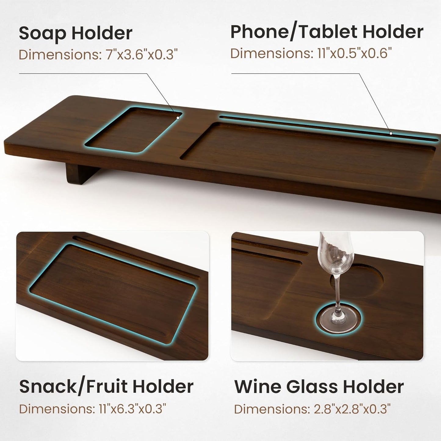 Teak Bathtub Tray - Wood Bath Caddy Tray 35" for Large Tubs - Adjustable Bathtub Table Trays - Luxury Shower Organizer for Home Spa Relaxation and Reading - Dark Walnut Color