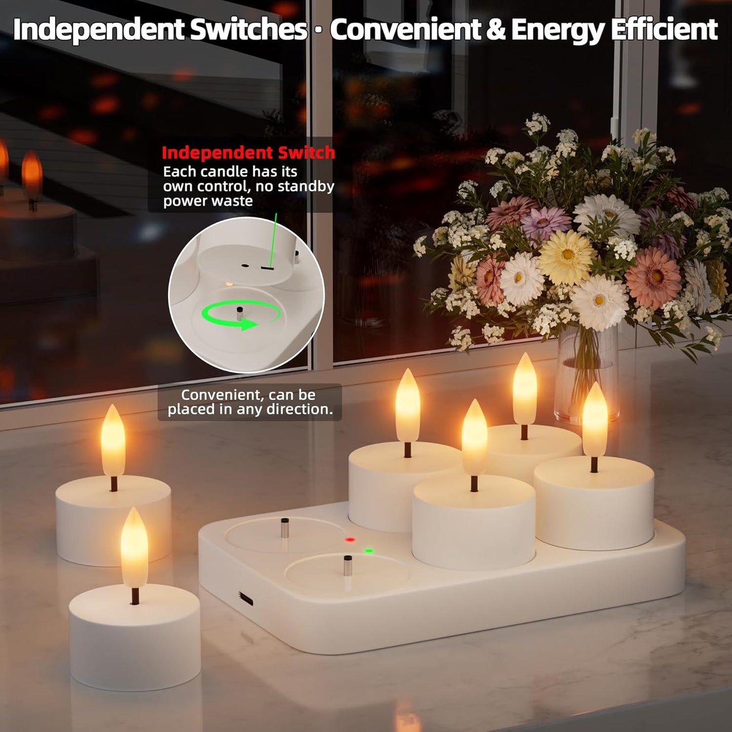 Rechargeable Flameless Tea Lights Candles with Charging Station 6Pcs Battery Tea Lights Candles with Remote & Timer LED Tealight Flickering Realistic for Home Christmas Wedding Decor - White