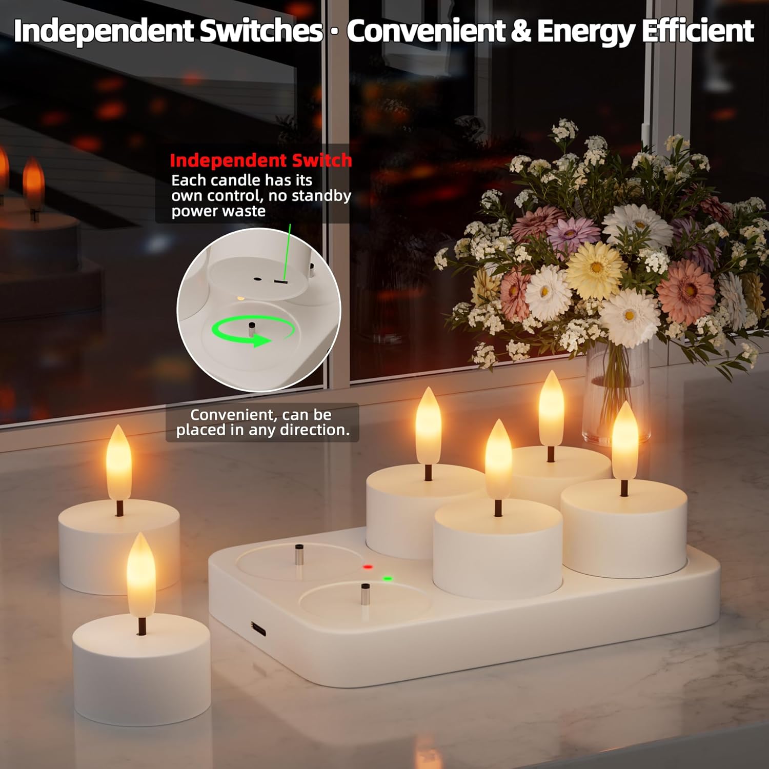 Rechargeable Flameless Tea Lights Candles with Charging Station 6Pcs Battery Tea Lights Candles with Remote & Timer LED Tealight Flickering Realistic for Home Christmas Wedding Decor - White