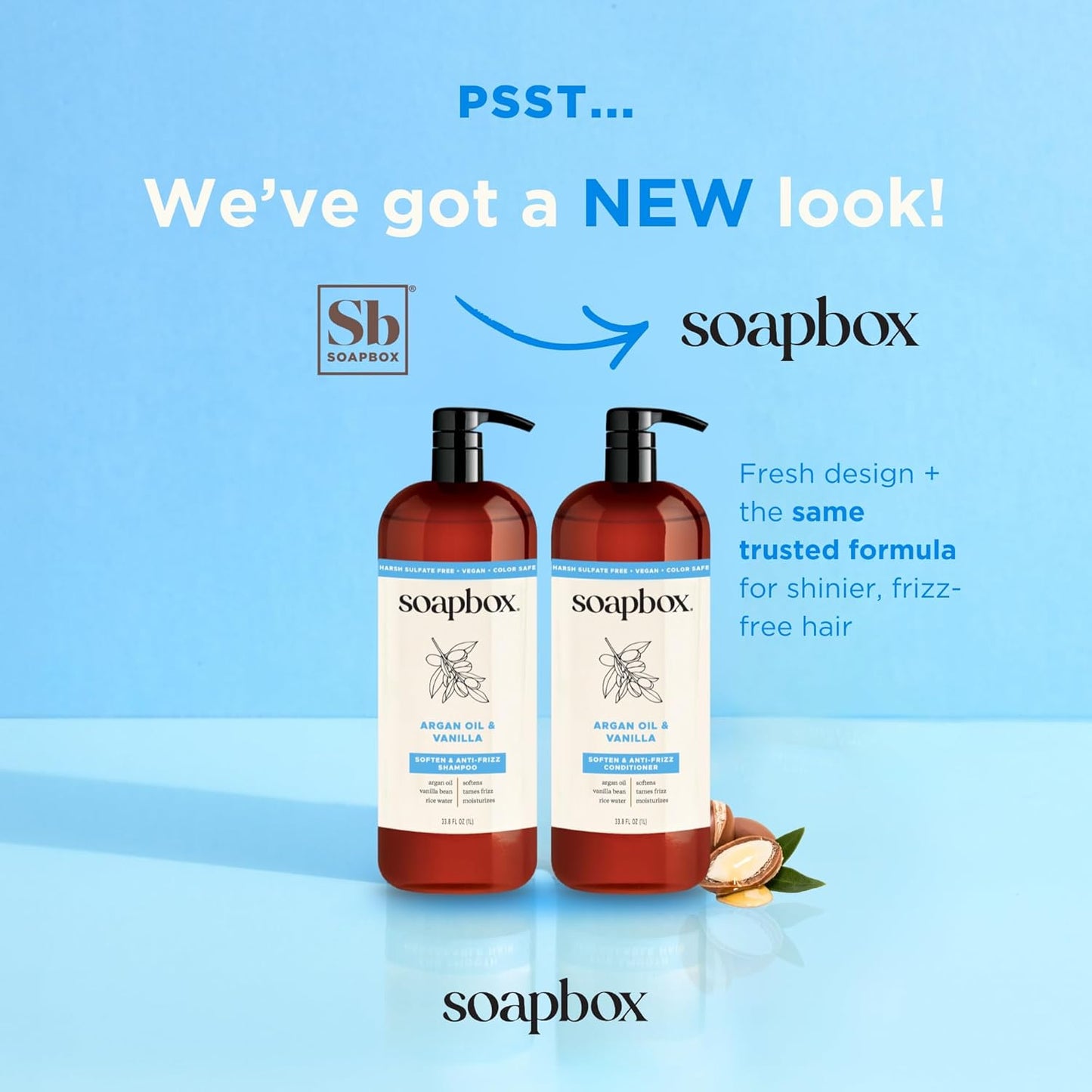 Soapbox Argan Oil & Vanilla Shampoo & Conditioner Set, Leaves Hair Smooth & Controls Frizz - Clean Ingredients Free of Harsh Chemicals, Sulfates, Parabens & Silicones - 1 Liter Each