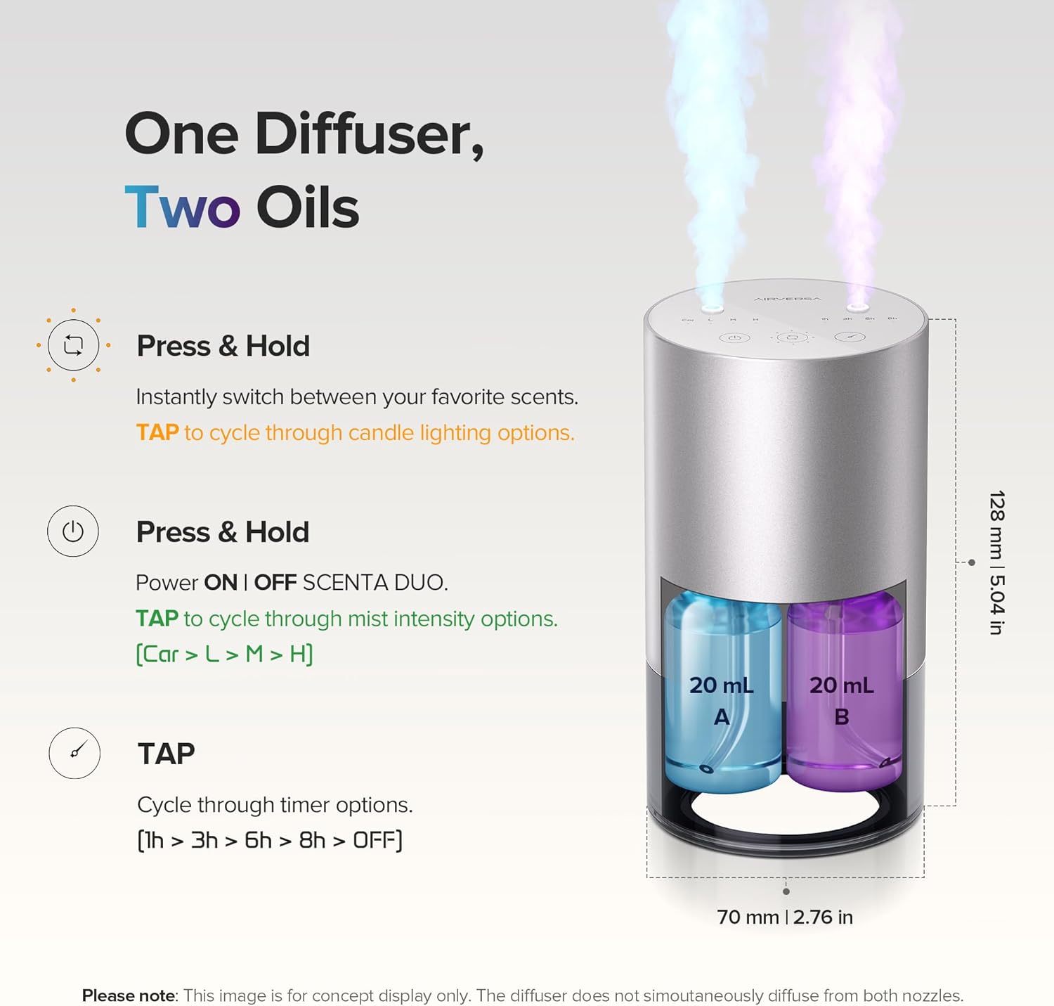 Airversa Dual-Nozzle Waterless Essential Oil Diffuser for Home Rechargeable Scent Diffusers with 5 Timer Settings, 4 Mist Levels with Vehicle Mode for Car Room Studio Office, Space Grey Metal