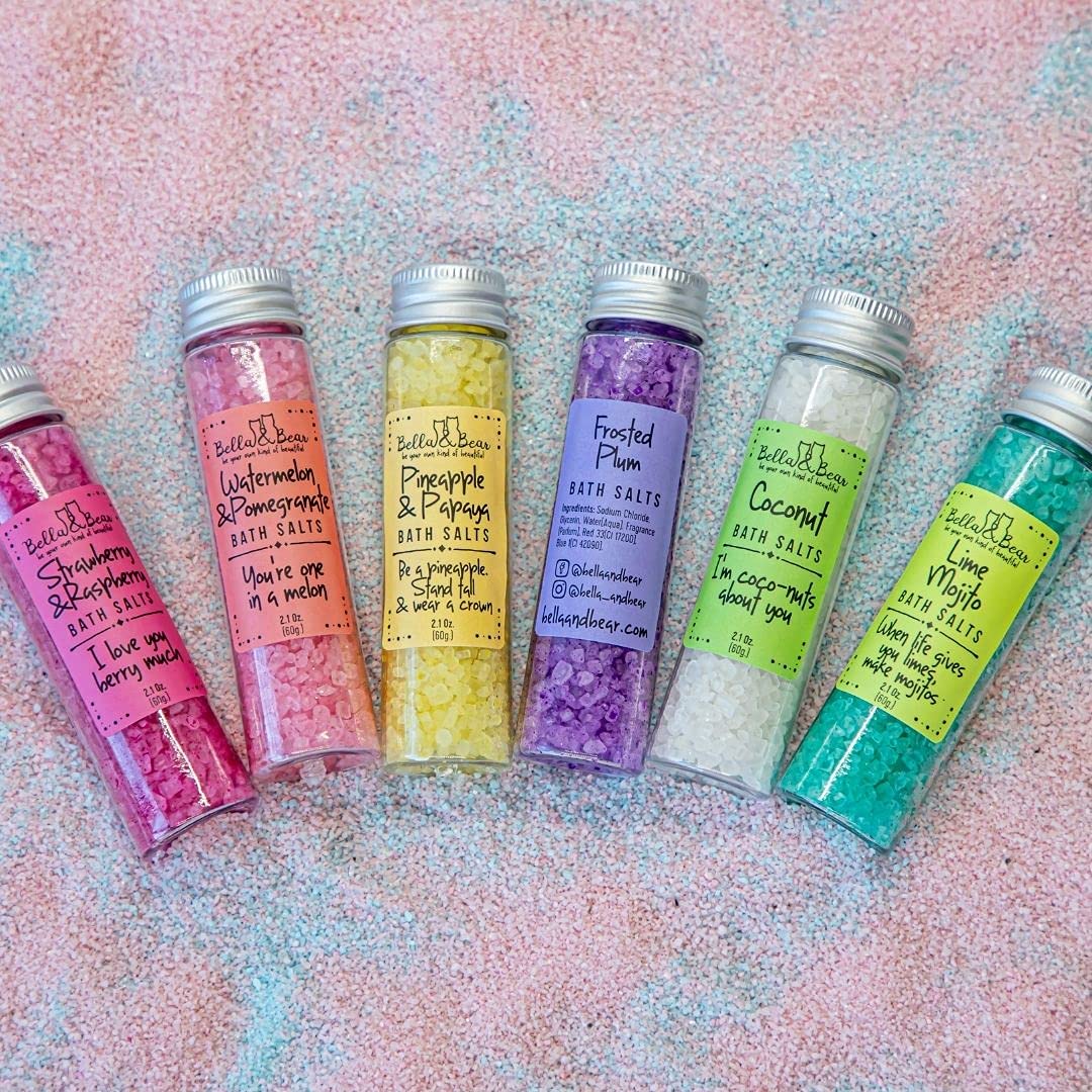 Bath Salts for Women – Relaxing Spa & Foot Soak – Bella & Bear Paradise Fruits – Fruity Scented Bath Soak Gift Set (6 Pack, 2oz) – Vegan & Cruelty-Free