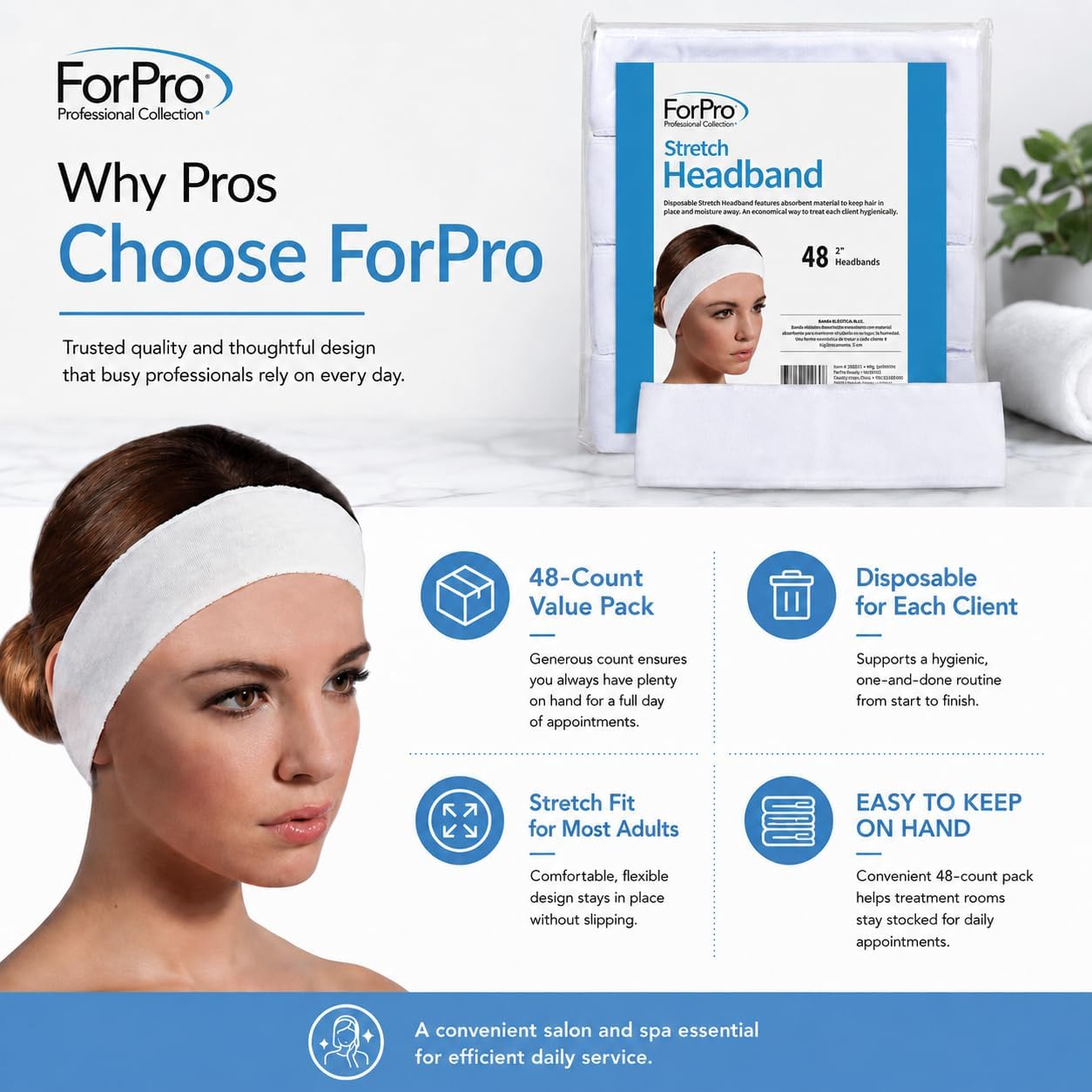 ForPro Professional Collection Stretch Headbands - Moisture Absorbent Disposable Spa - 2.25” W x 18” C - 48-Count