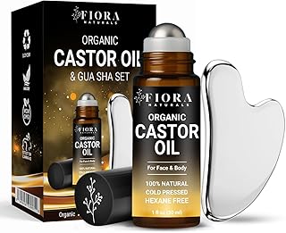 Organic Castor Oil Roll On & Stainless Steel Gua Sha Facial Tool – Metal Face Sculpting Tool, Cooling Gua Sha Oil Massage Set, Jawline Lift, Puffiness Care, Facial Oil Roller for Skin Routine