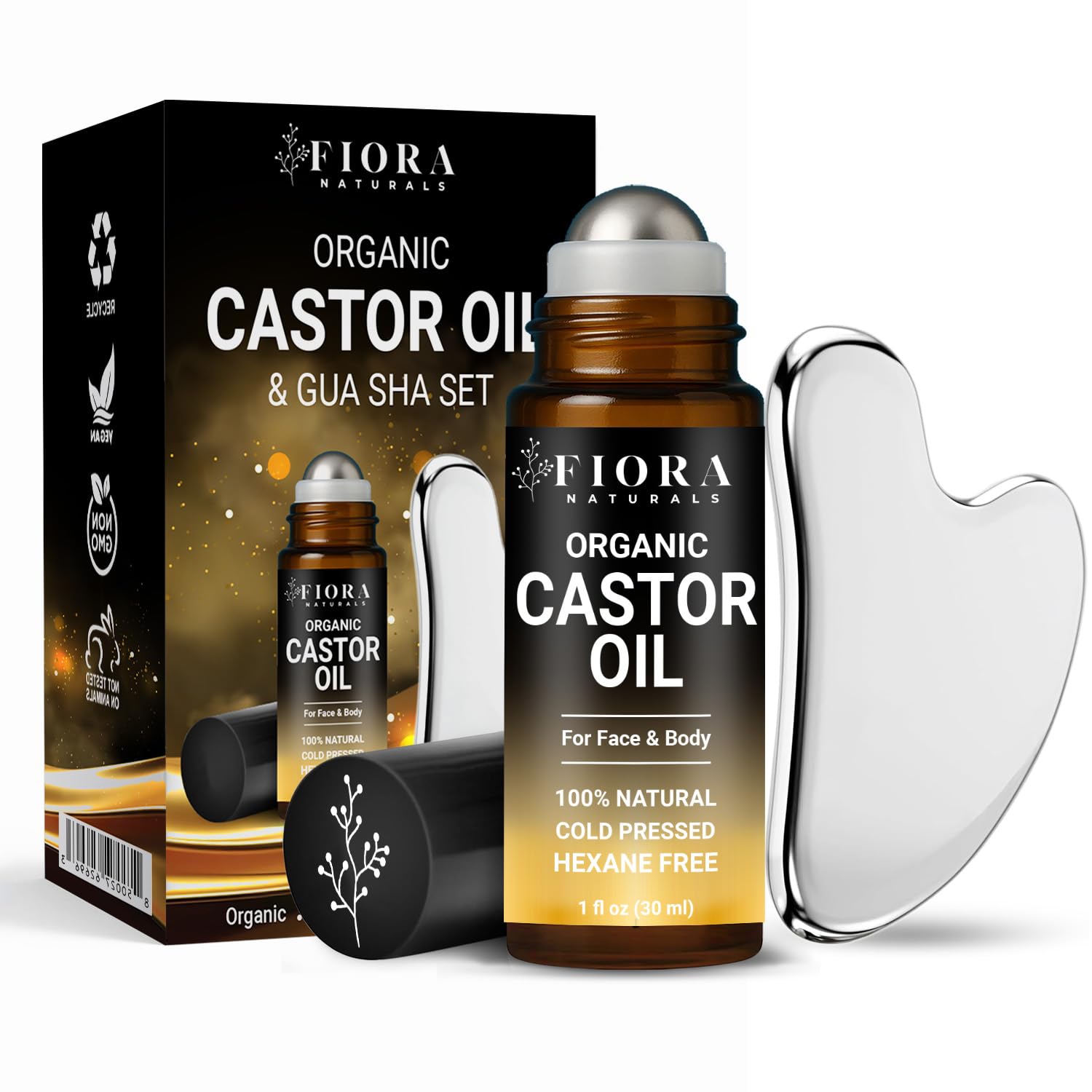 Organic Castor Oil Roll On & Stainless Steel Gua Sha Facial Tool – Metal Face Sculpting Tool, Cooling Gua Sha Oil Massage Set, Jawline Lift, Puffiness Care, Facial Oil Roller for Skin Routine