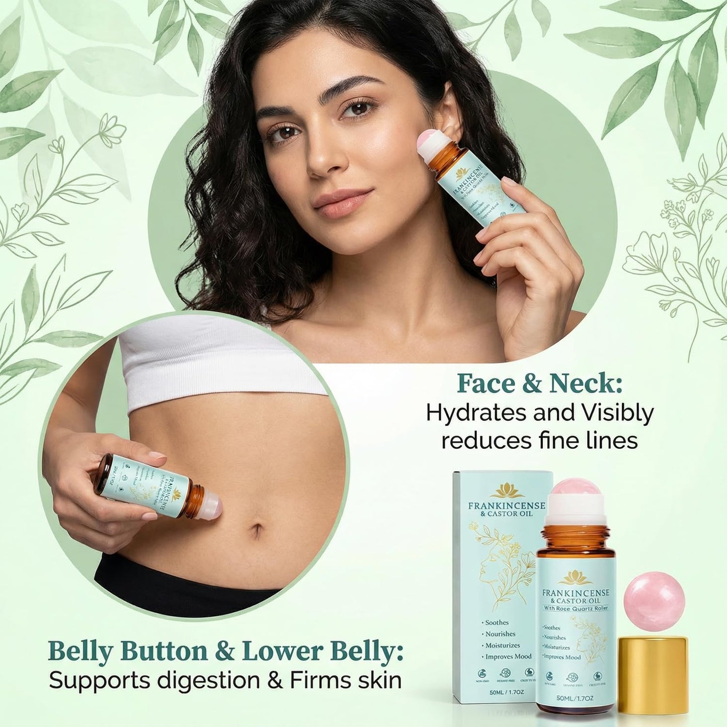 Castor Oil and Frankincense Roll On – Rose Quartz Roller Ball, Organic Cold Pressed Castor Oil for Eyebrows, Face & Neck, Firms Skin Feel Soft Smooth & Brightens Eyes, 1.7 fl oz