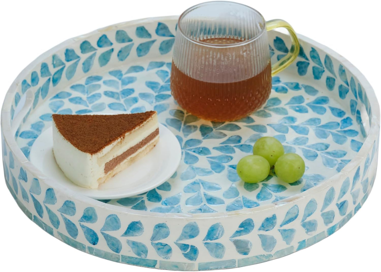 PEMAR 12.6” Mother of Pearl Round Serving Tray with Handles, Decorative Nacred Wooden Ottoman Coffee Table Tray (Teal Floral Pattern)