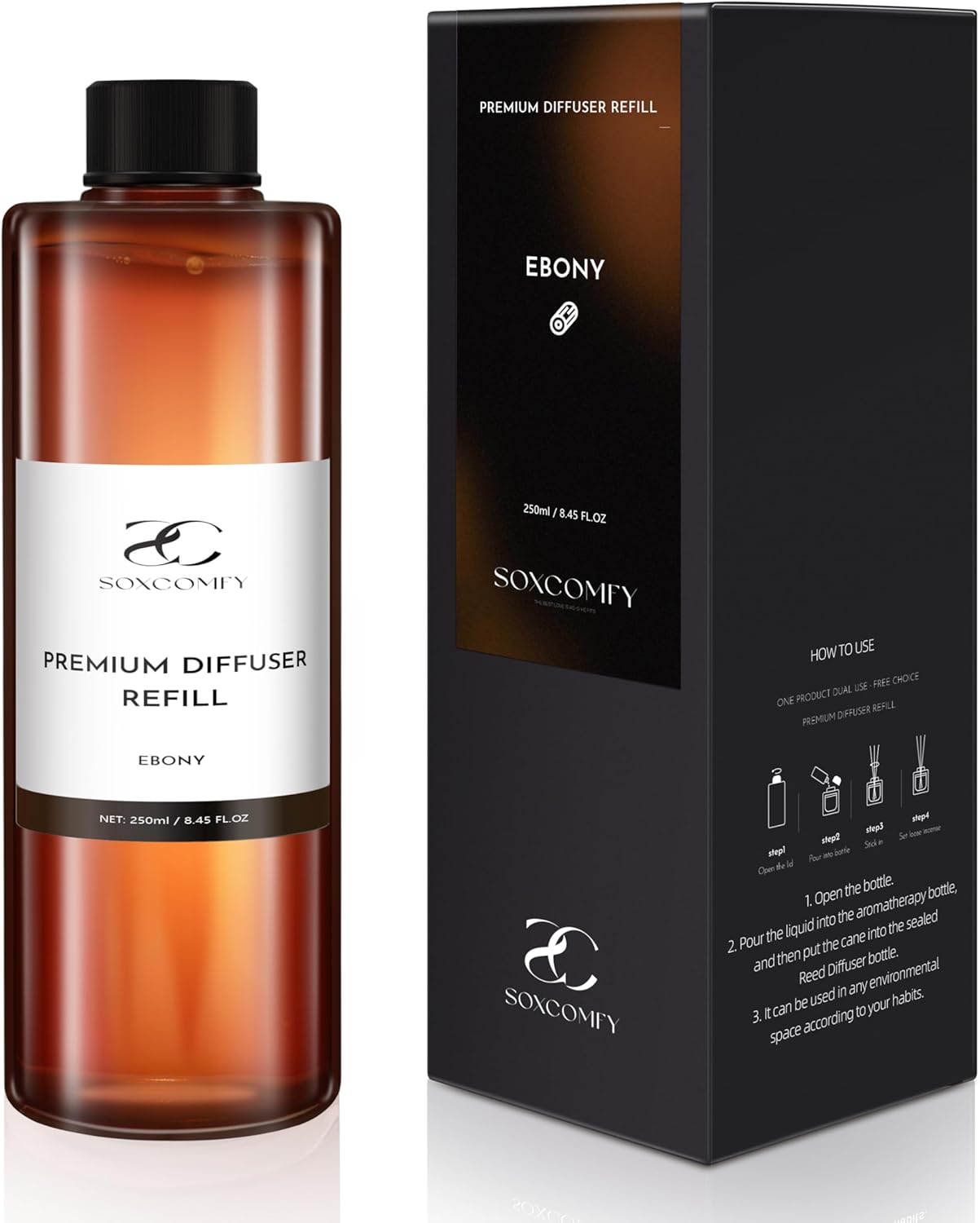 Diffuser Oil Refill, 250ml / 8.45 fl oz, Ebony - Reed & Aromatherapy Diffuser Oil, Long-Lasting Home Fragrance, Eucalyptus, Agarwood & Sandalwood Notes