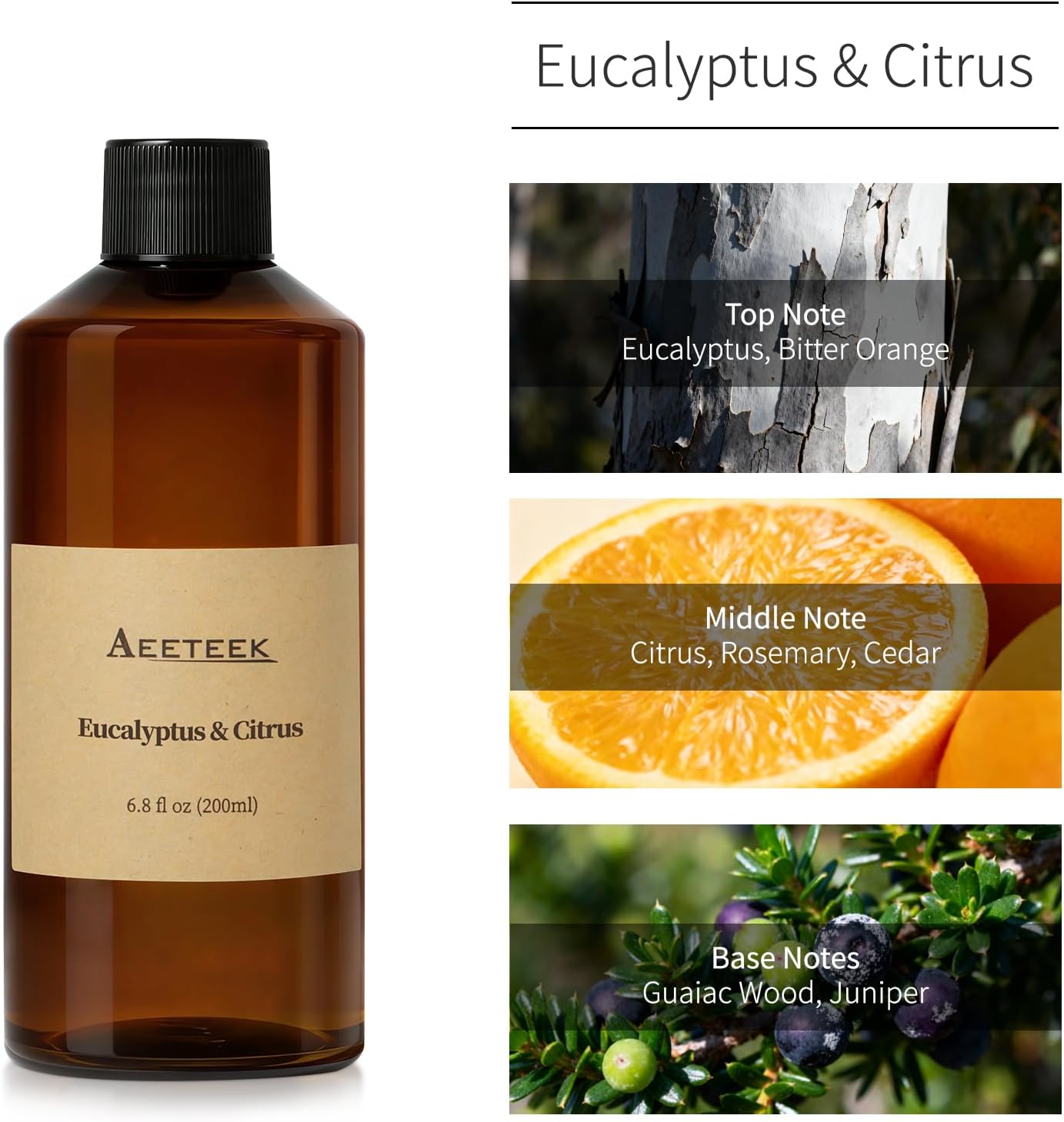 Reed Diffuser, 6.8oz Eucalyptus & Citrus Essential Oils Refill | 200ml Aroma Oil with Diffuser Sticks, Long-lasting Air Freshener, Home Fragrance for Room, Bathroom Decor