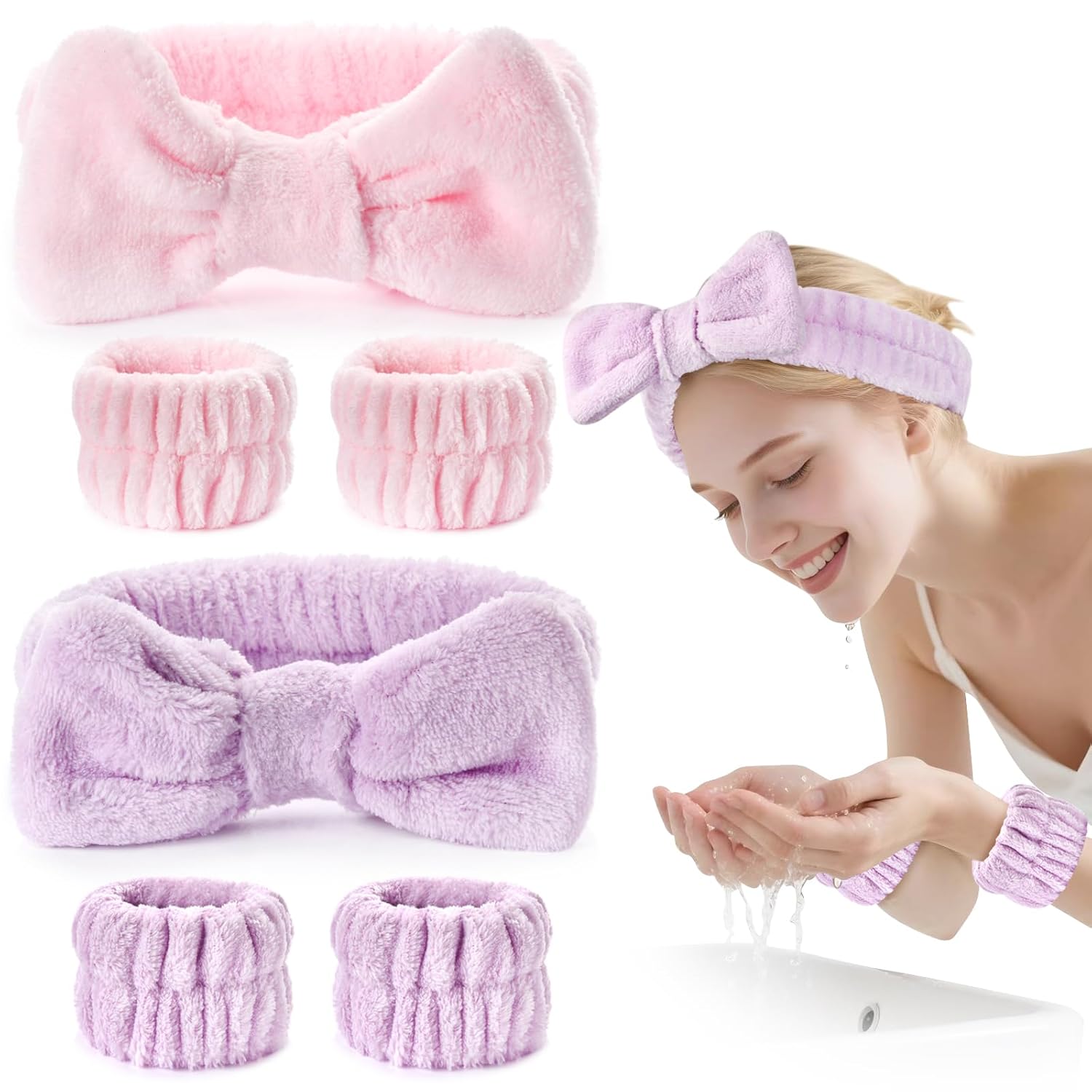 Dorbetar 6Pack Headband and Wristband Set for Washing Face, Spa Skincare Makeup Headband, Soft Puffy Hair Band Bow Tie, for Women and Teen Girl Trendy Stuff Gifts