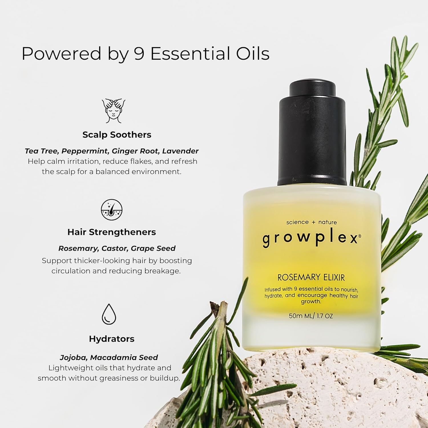 Growplex Rosemary Elixir – Daily Scalp Oil with 9 Essential Oils – Lightweight, Non-Greasy Formula for a Healthy-Looking Scalp – For Men & Women – 2oz