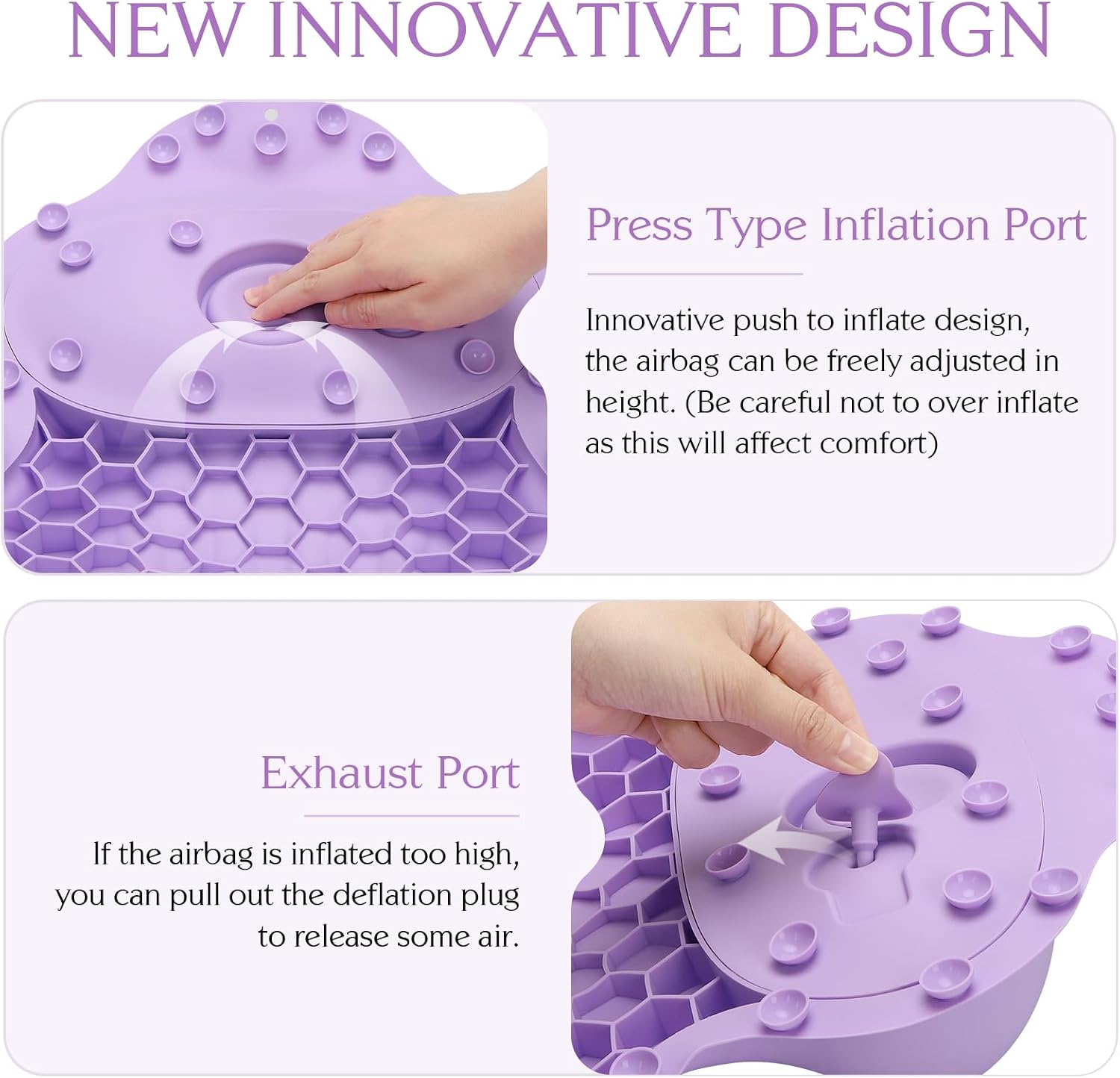 Silicone Bath Pillow, New Material Bath Pillows for Tub Head Neck and Back Support, Bath Tub Pillow with 4D Press Inflatable Airbag and Non-Slip Strong Suction Cups, Quick-Drying, Easy to Store,Purple