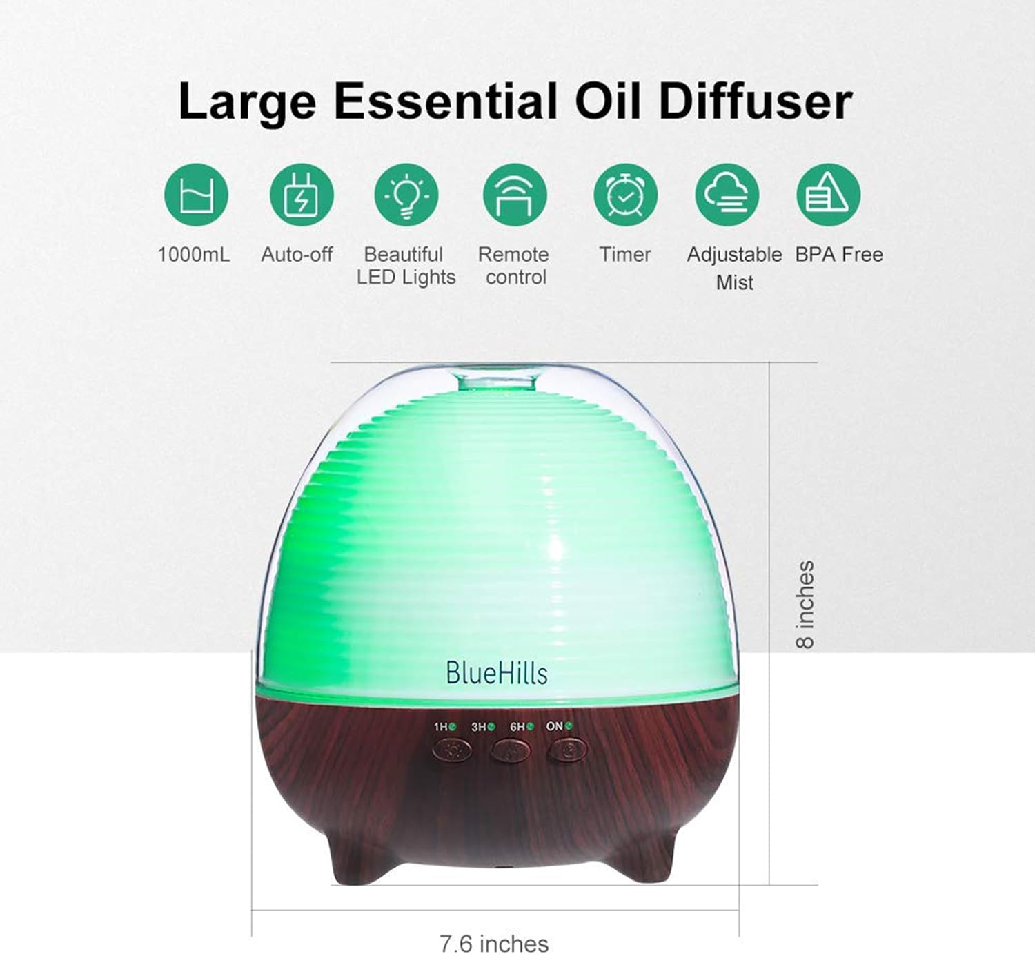 BlueHills Premium 1000 ML Large XL Essential Oil Diffuser with Remote Aroma Humidifier for Large Room Home Long Run Time Huge Coverage Area Lights High Mist Output Big Capacity Dark Wood Grain N6