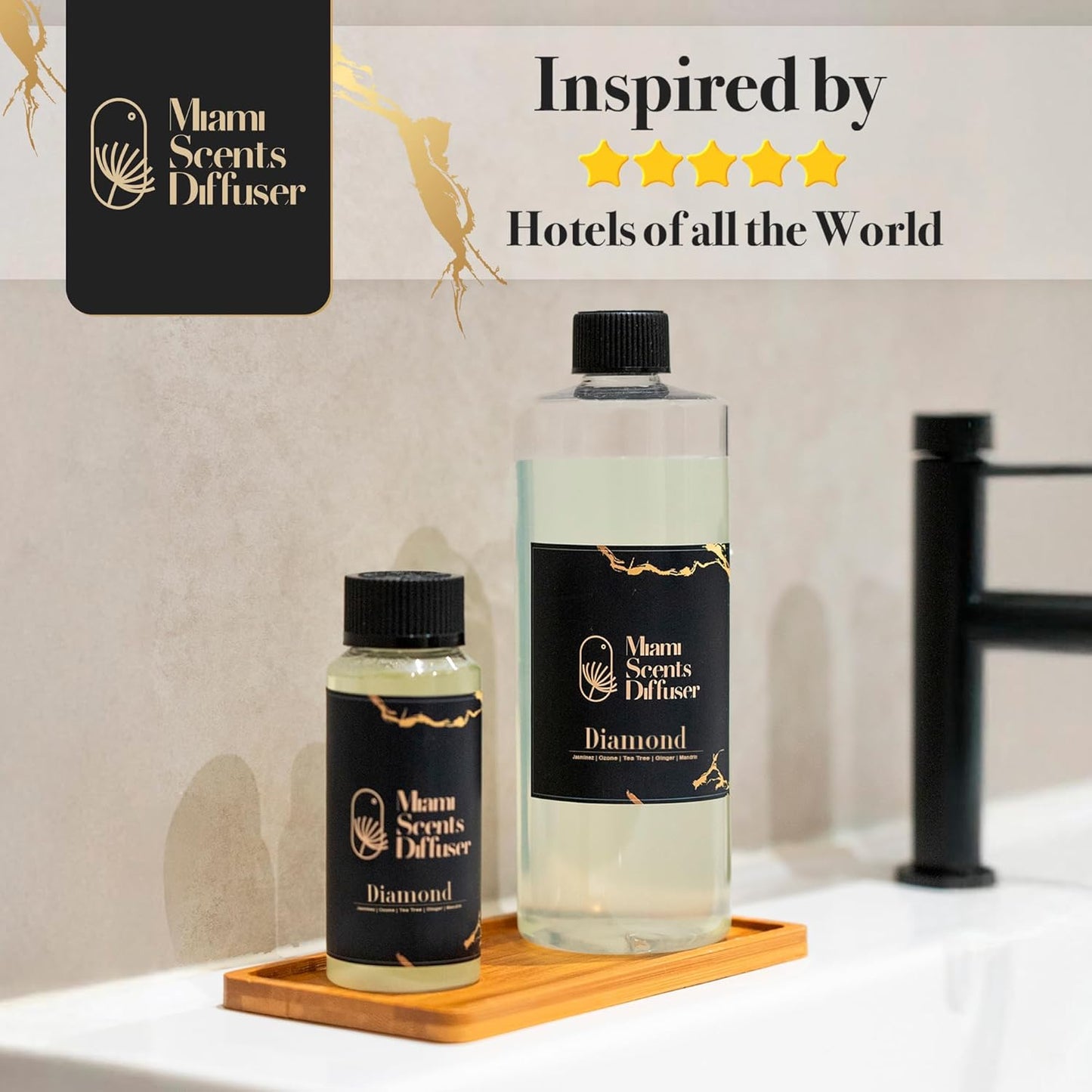 Diamond Touch Essential Oil Refill Luxury Hotel Inspired - Long Lasting Aroma for Home Office Diffuser, 120ml Fresh Blend of Jasmine, Mandarin, Tea Tree and Ginger, Scent for Spa Wellness Aromatherapy