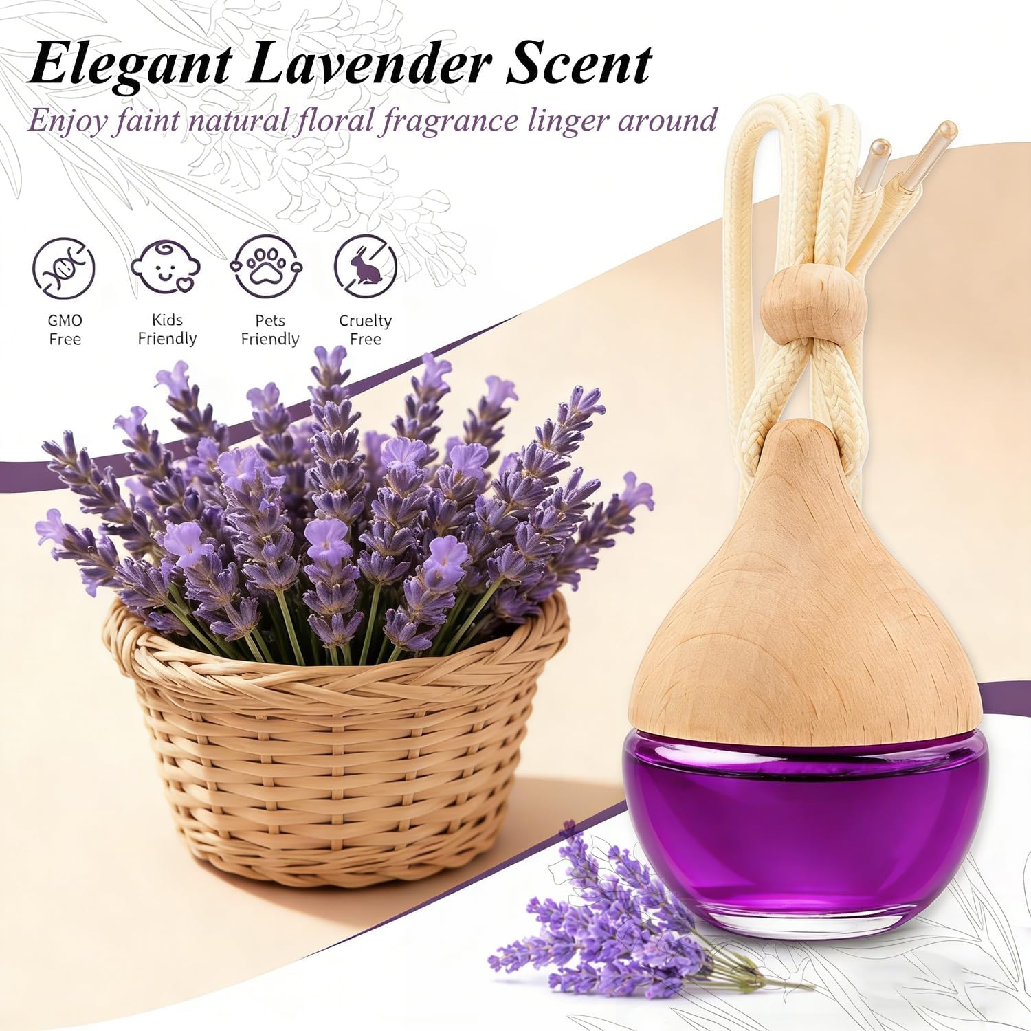 Car Air Freshener in Glass, Refillable Car Essential Oil Diffuser Lavender Scent – Reusable Fragrance Diffuser for Auto Odor Eliminator & Interior Decoration for Fresh and Relaxing Driving-2 Pack