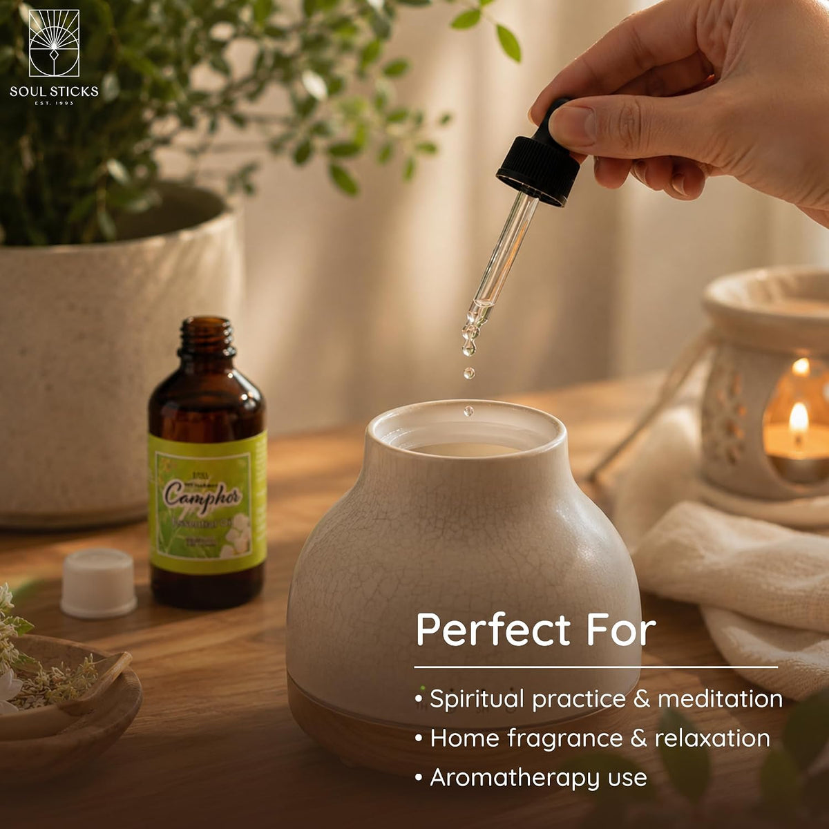 SOUL STICKS Natural Camphor Essential Oil 4 Fl Oz (120ml) 100% Natural Camphor Oil with Glass Dropper for Aromatherapy