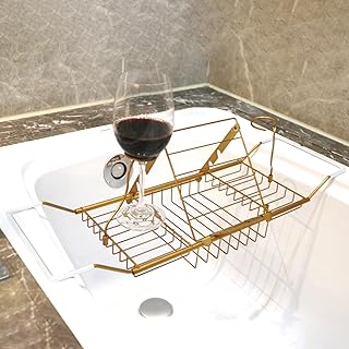 Bathtub Tray,Stainless Steel Shower Bathtub Caddy Tray with Removable Book Holder Red Wine Rack Holder, for Home Kitchen Bathroom,Gold