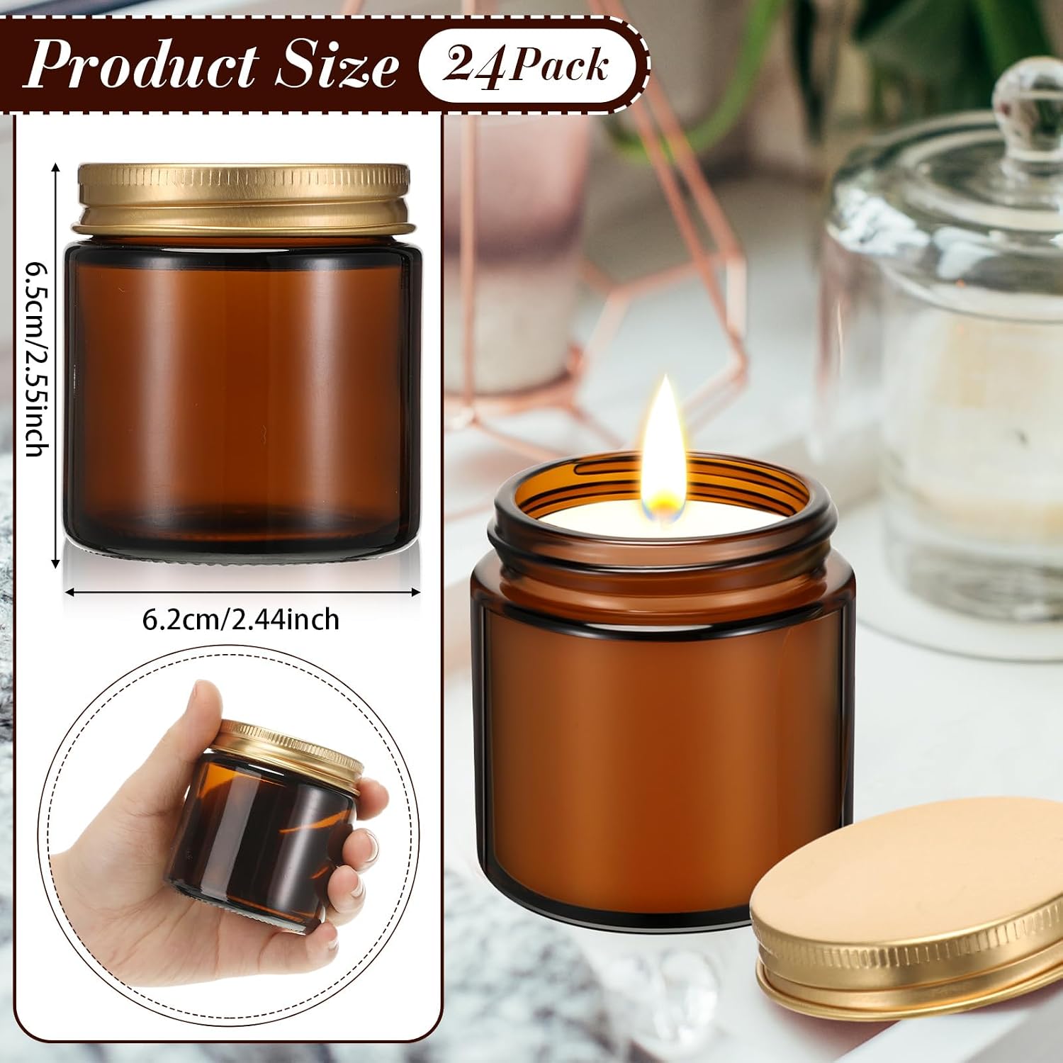 Zhehao 24 Pcs Glass Candle Jars with Lids Bulk, Round Empty Candle Container Tins, Dishwasher Safe and Leakproof DIY Crafts(Amber,Gold,4 oz)