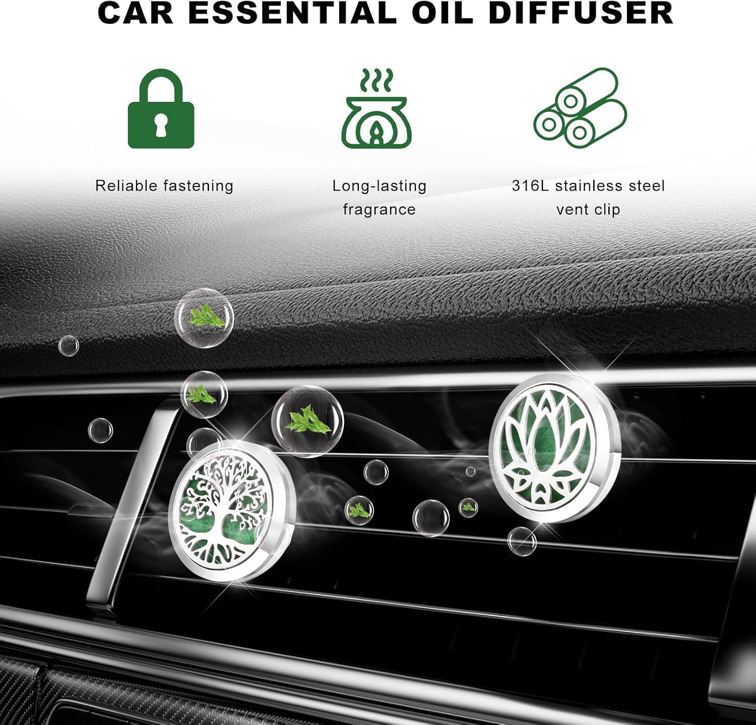 2 PCS Car Diffuser Vent Clips, Tree Pattern Essential Oil Diffuser Vent Clips with 12 Felt Pads, Stainless Steel Auto Air Fresheners Decorative Locket Clip for Women Men (Silver)