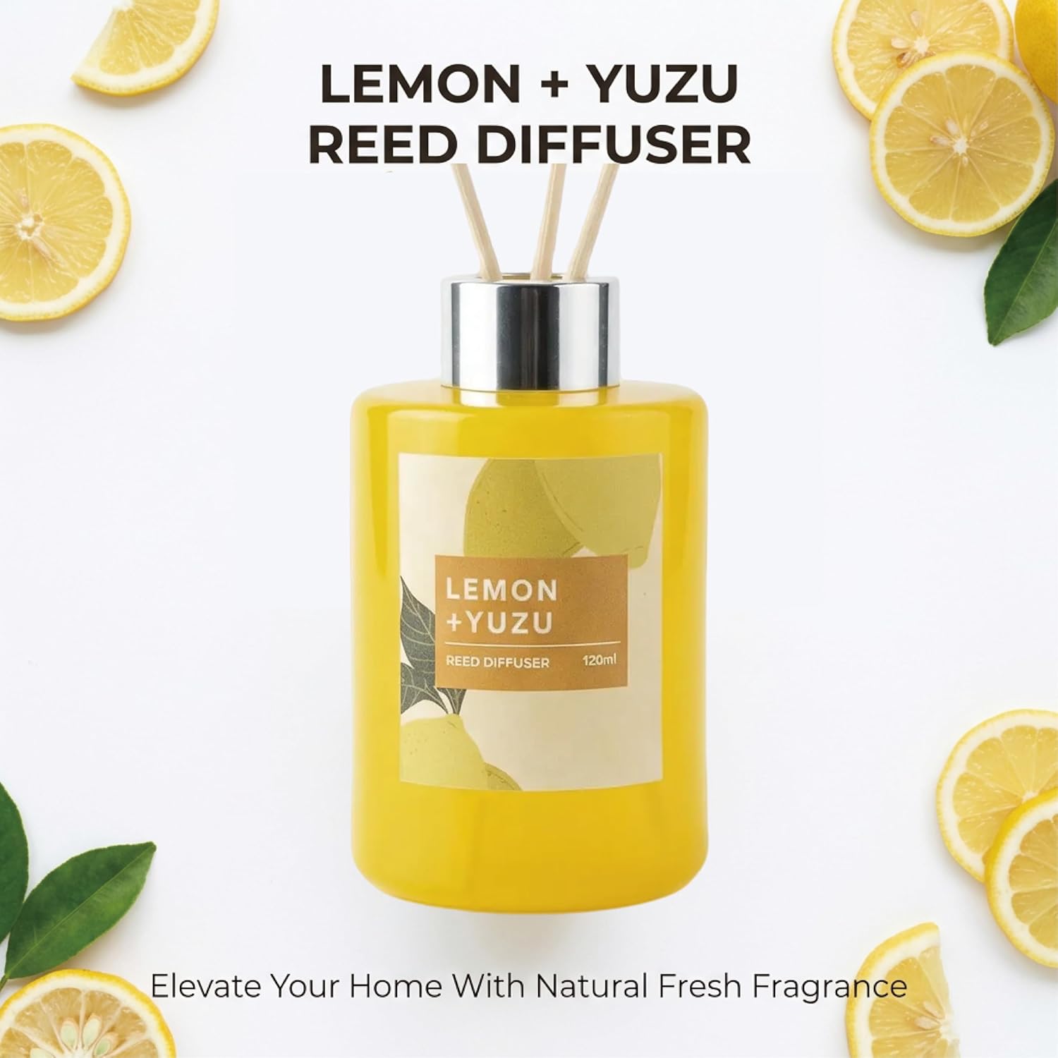 Fresh Lemon Scented Reed Diffuser Set – 4.06 fl.oz (120ml) with Sticks, Natural Essential Oil Aromatherapy for Home, Bedroom & Bathroom Decor, Housewarming Gift