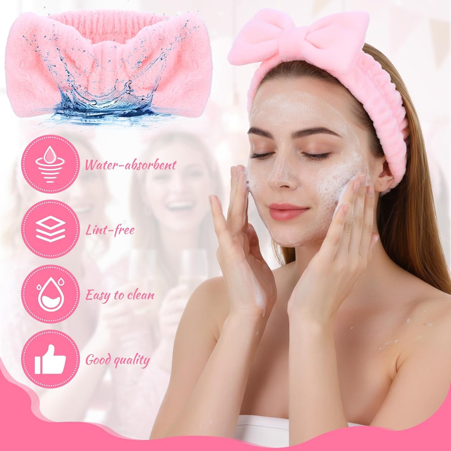 Kifmurase 25Pcs Spa Headbands, Makeup Headbands, Bow Tie Hair Band, Pink Skincare Headband for Washing Face, Cosmetic Facial Sports Yoga Elastic Headband