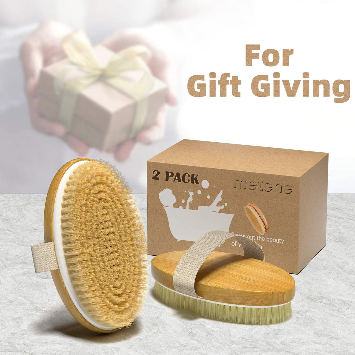 Metene 2 Pack Dry Body Brushes, Exfoliating Body Scrubbers, Natural Bristles for Dry Skin, Improve Circulation, Stop Ingrown Hairs, Reduce Acne and Cellulite (G7130)