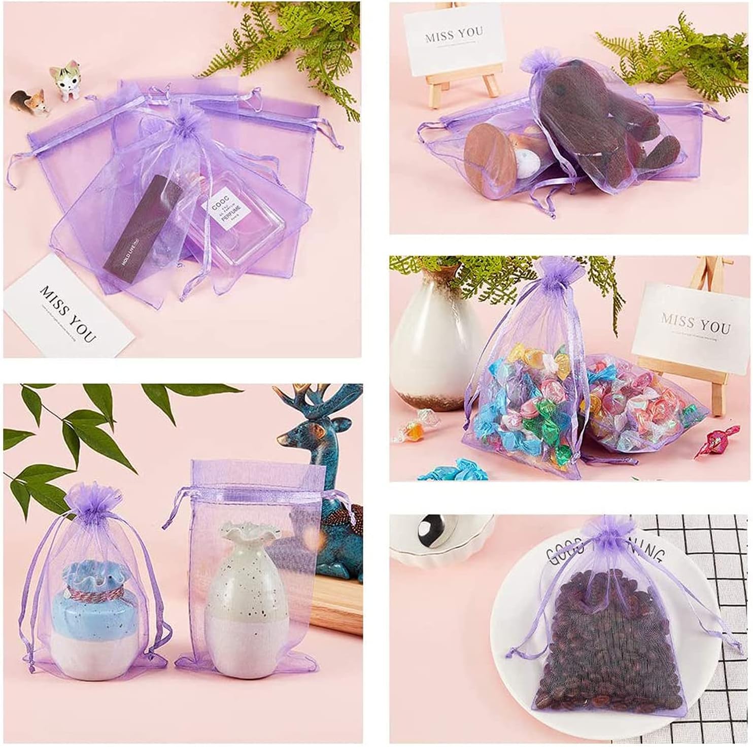 100Pcs Light Purple Organza Bags 3x4 Inch, Small Mesh Bags Drawstring Jewelry Gift Bag, Wedding Party Favor Candy Bag Lavender Sachet Pouches