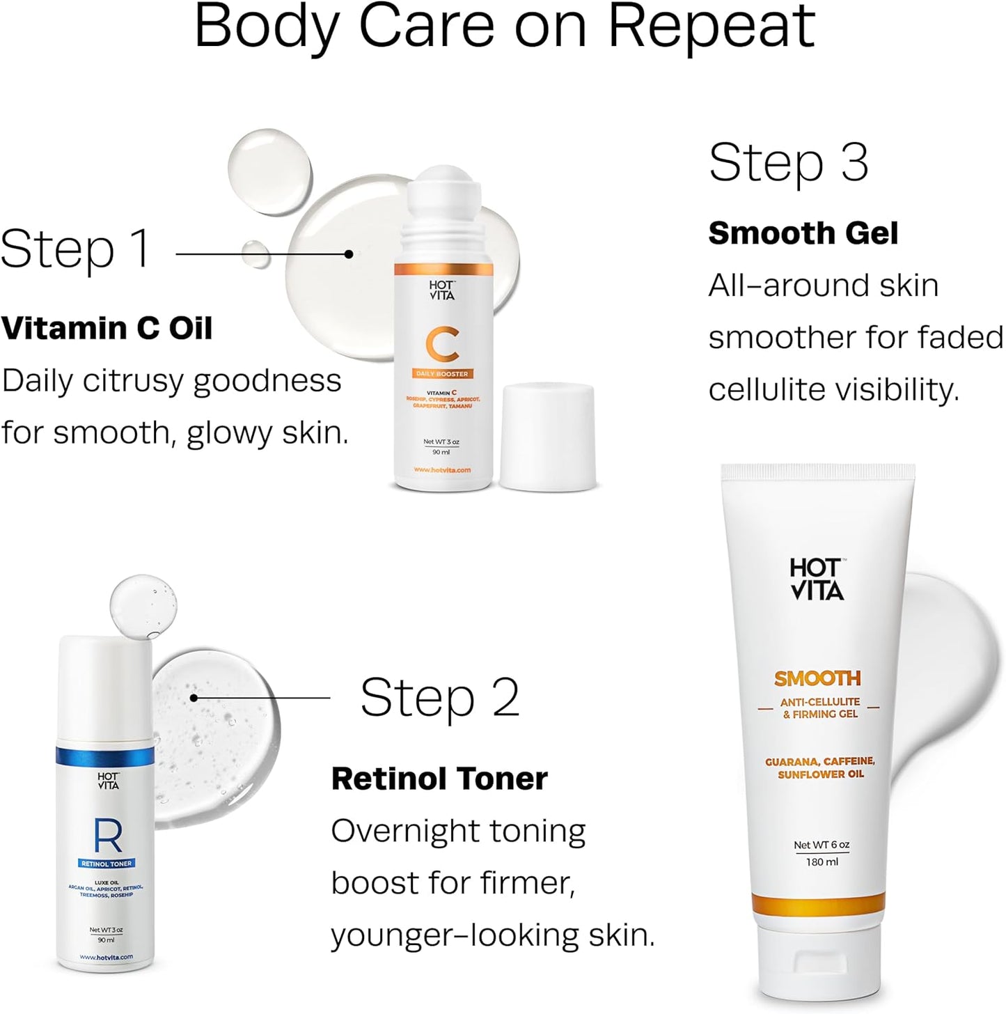 Hot Vita Retinol Toner – Roll-On Oil with Retinol for Smoother, Firmer-Looking Skin – Targeted Care for Belly, Thighs, Arms & Legs – Helps Improve Texture and Appearance