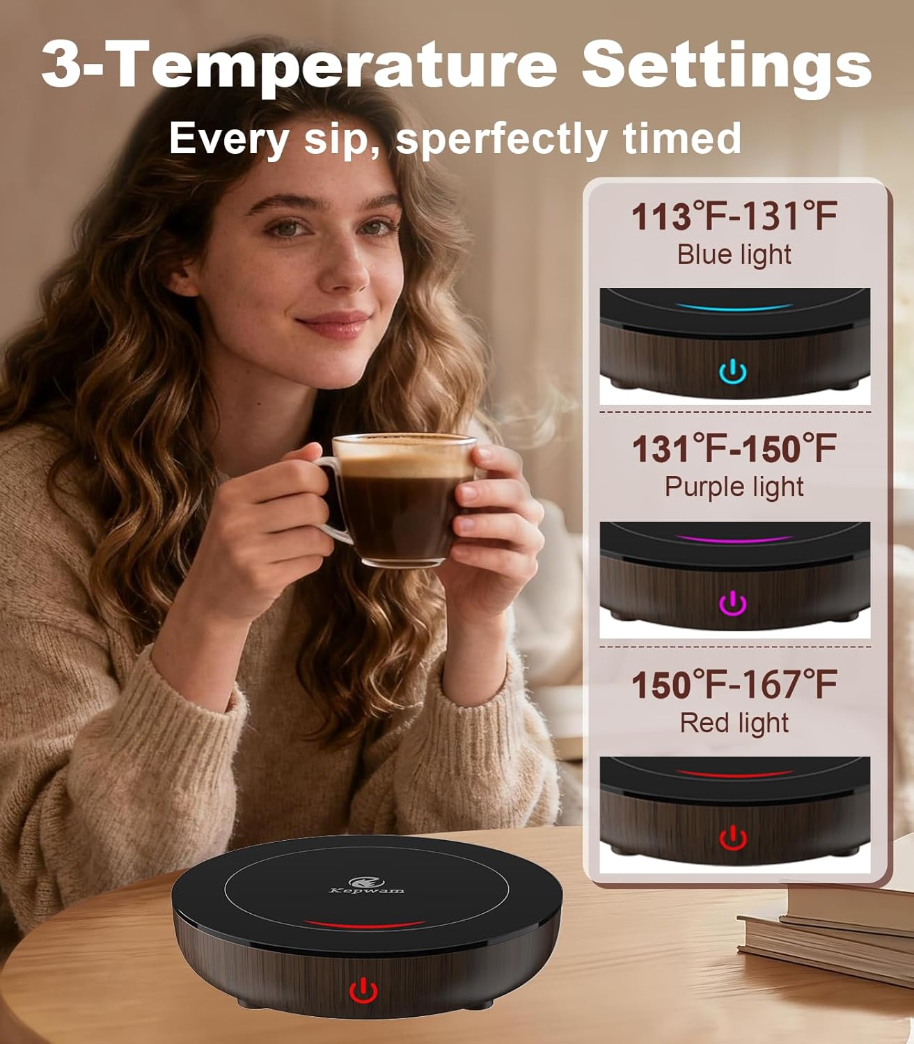 Kepwam Coffee Mug Warmer for Desk, 3-Temp Fast Heating Cup Warmer with 6H Auto Shut Off, LED Light & Smart Candle Warmer for All Beverages, Ideal Gifts for Women Men
