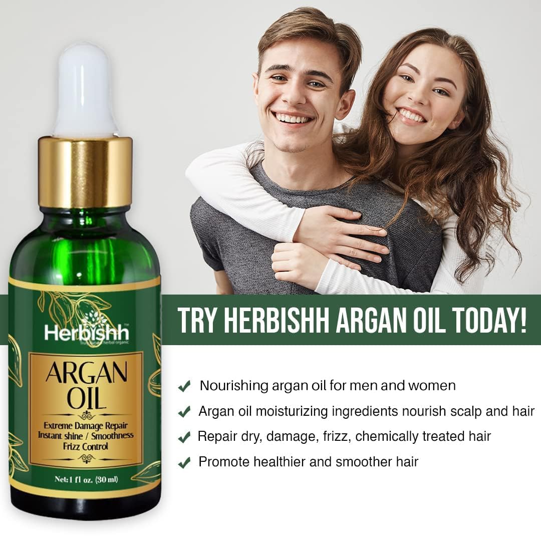 Herbishh Moroccan Argan Oil for Hair 30ml – Hair Serum for Frizz Control & Shine, Damaged Hair Treatment & Split End Repair, Heat Protectant Leave In Serum, Lightweight Non-Greasy Hair Growth Oil