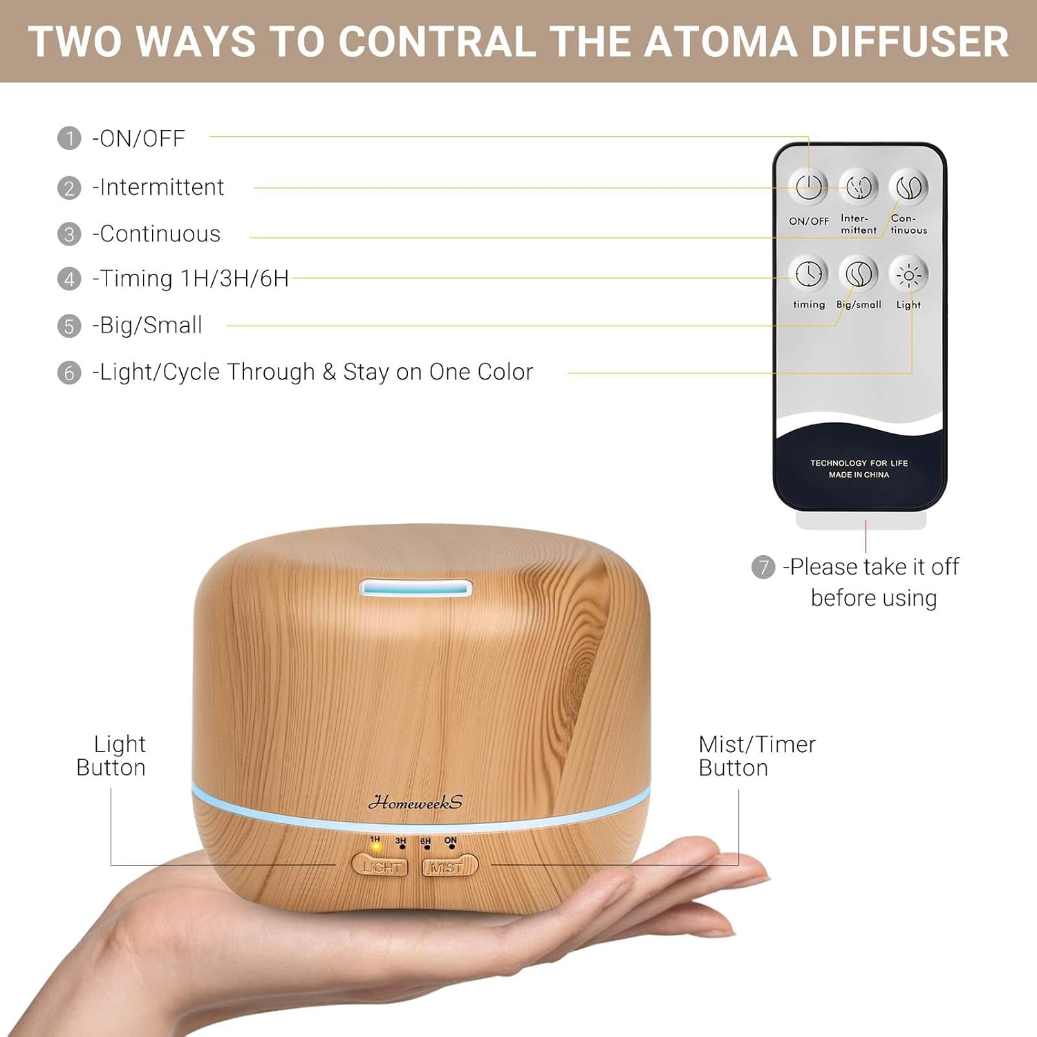 Homeweeks 300ml Essential Oil Diffuser, Quiet Aromatherapy Mist Diffusers for Essential Oils, Wood Grain, Ultrasonic, Remote Control, Timer, 7 Colors Light for Bedroom (300ml Yellow Wood Grain)