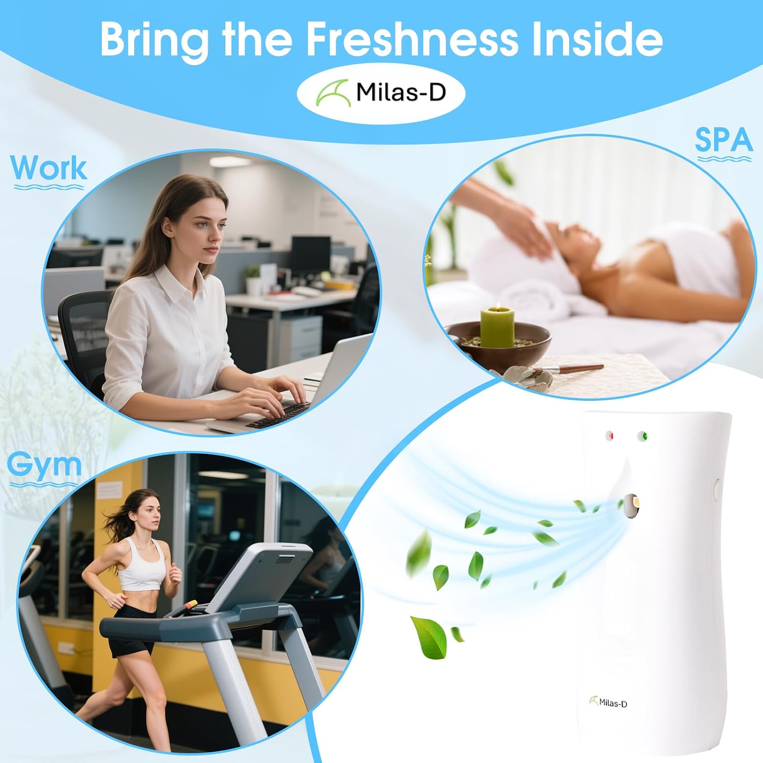 Automatic Air Freshener Spray Dispenser, Custom Timing (Day/Night/24H, 7.5/15 min interval), Wall Mounted or Free Standing, for Home and Commercial, Compatible with Glade Refill Can, White, Milas-D
