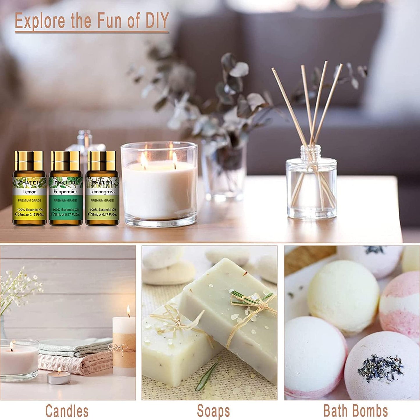 PHATOIL 15PCS Essential Oils Gift Set - Premium Quality 100% Natural Pure Essential Oils for Aromatherapy Diffuser Yoga Home Office Soap Candle Making- 5ml/Bottle