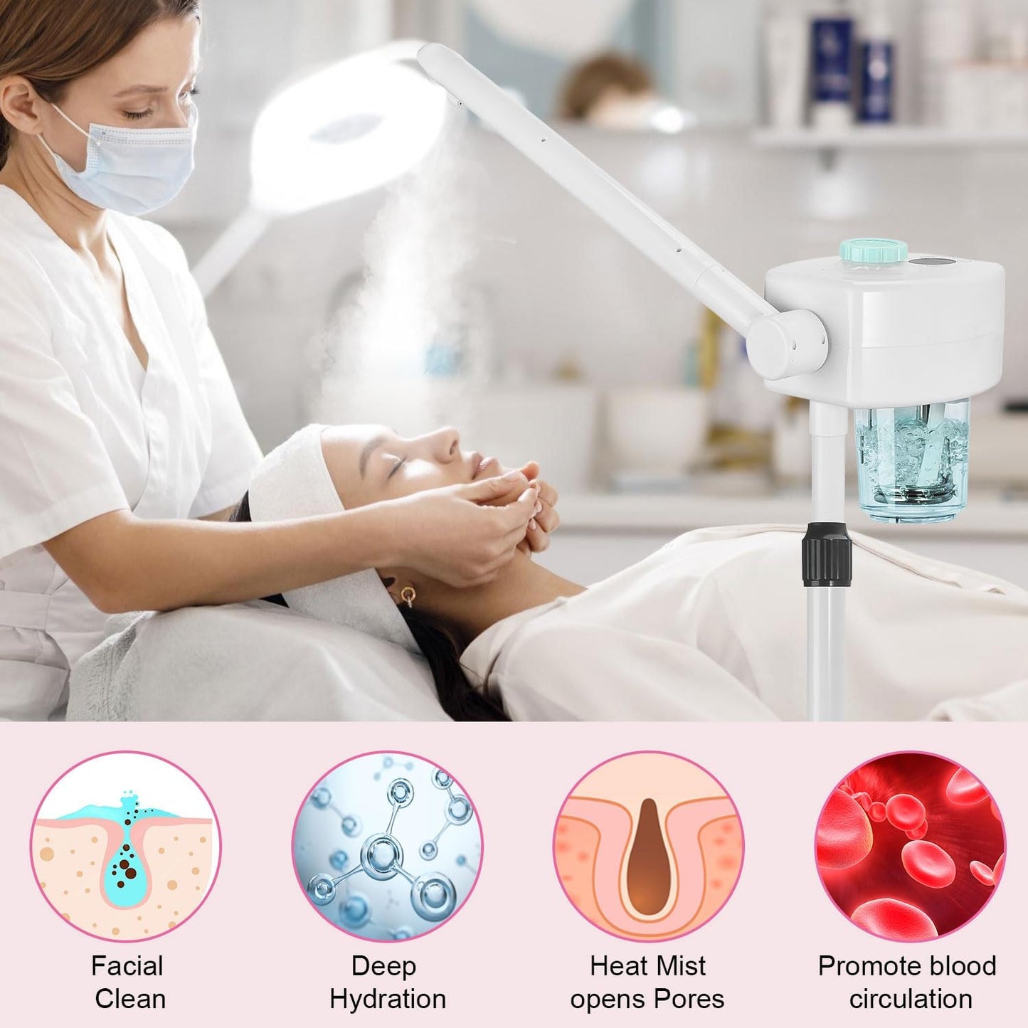 Professional Facial Steamer, Ionic Face Steamer Esthetician Vaporizador, with Preheat & Hot Mist Adjustment Function, Rocker Arm Steamer for Home Beauty Salon Spa