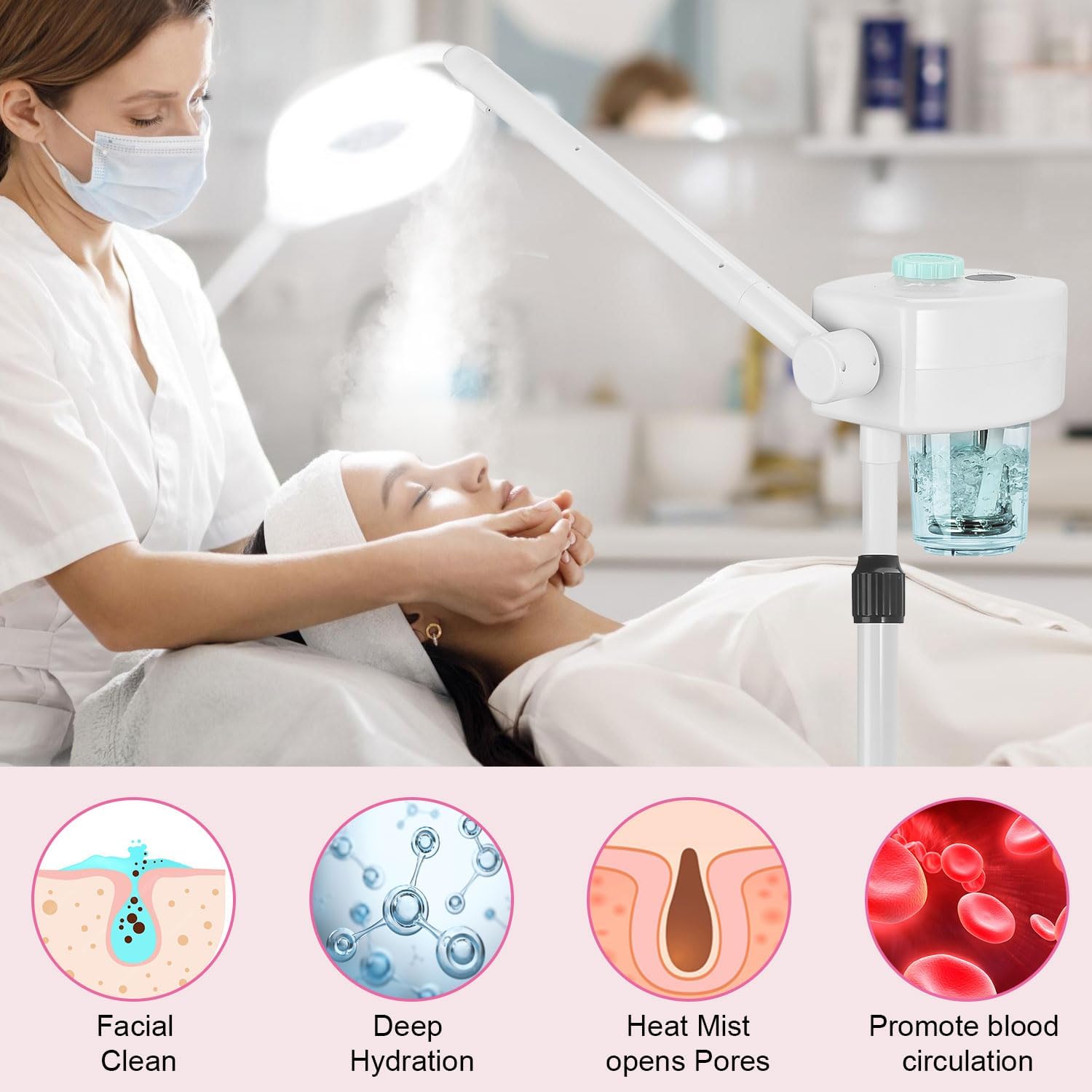 Professional Facial Steamer, Ionic Face Steamer Esthetician Vaporizador, with Preheat & Hot Mist Adjustment Function, Rocker Arm Steamer for Home Beauty Salon Spa