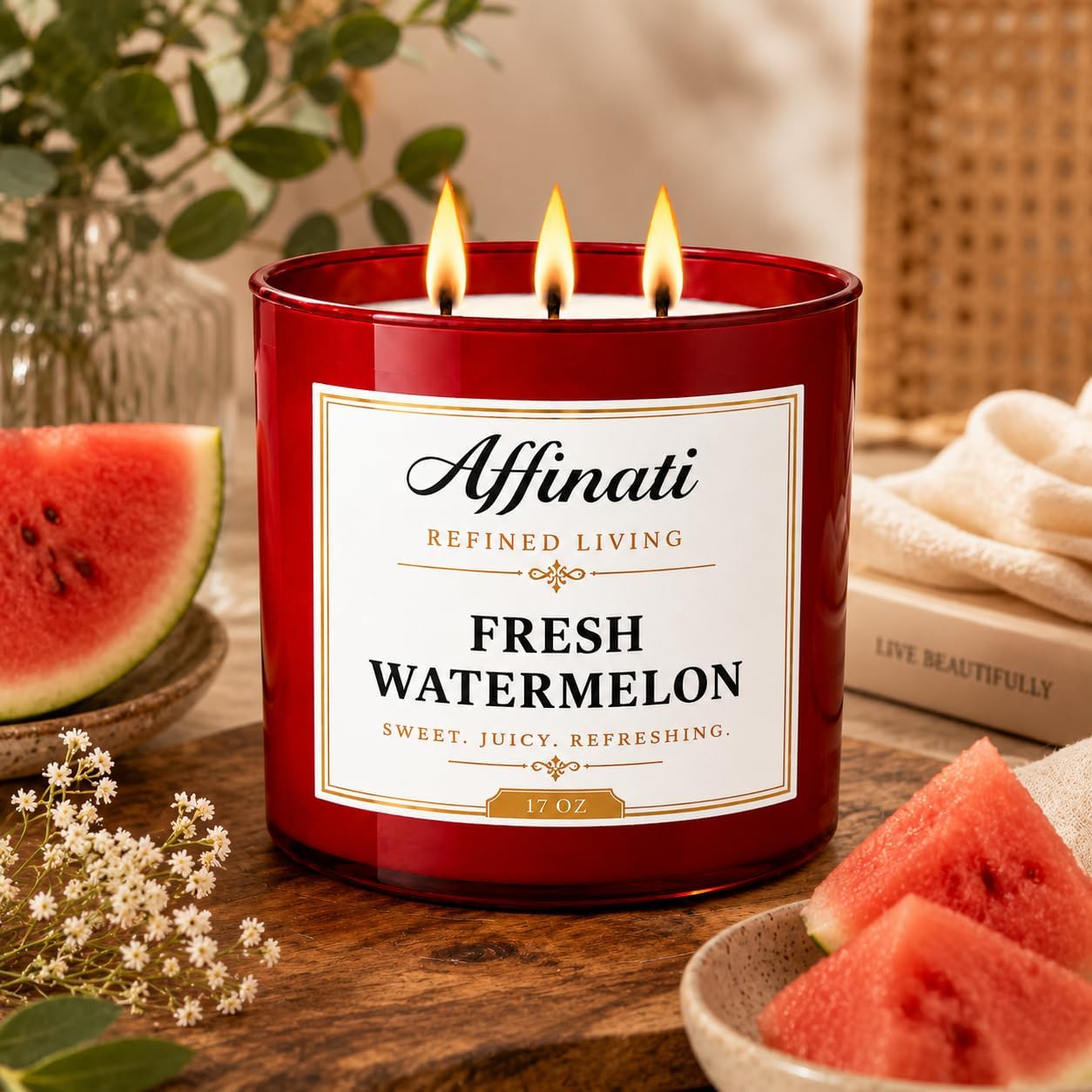 Affinati Fresh Watermelon 3-Wick Scented Candle – Large Soy Blend Candle, Strong Scent Throw Sweet Vibrant Summer Fruit Candy Candle, Premium Room Odor Eliminator