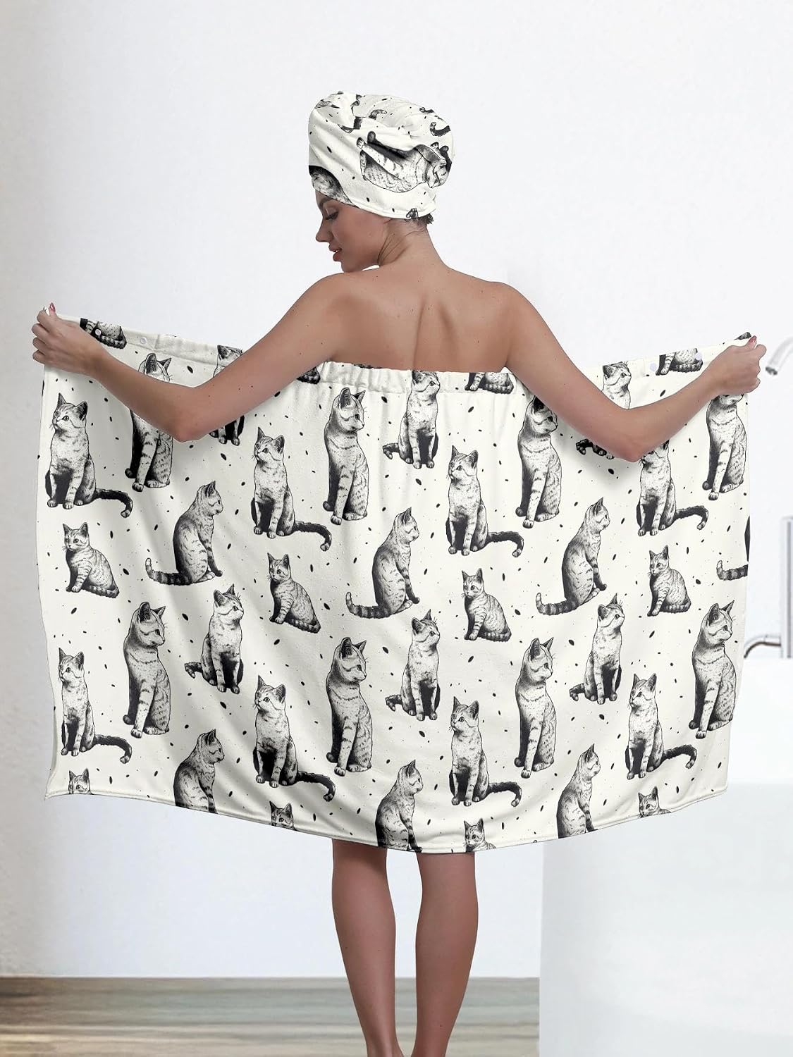 YWMAN Microfiber Bath Wrap Set with Hair Turban, Cat Pattern, 59x31 inches, Soft Spa Towel