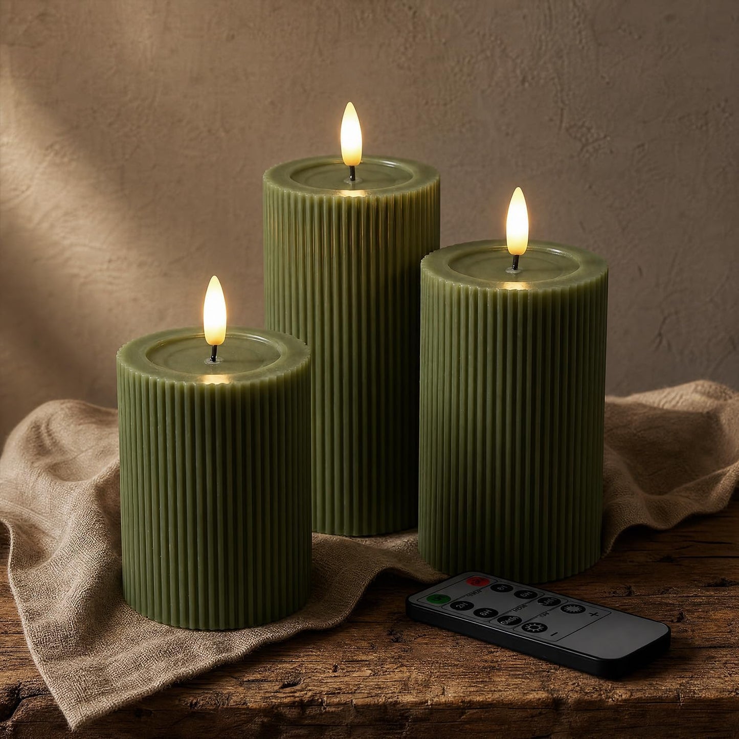 Fluted Ribbed LED Pillar Candles, Loden Green, with Reflective Melted-Wax Effect – Flickering Flame, Remote, Dimmable, Flameless, Battery Operated, Home & Wedding Decor (Set of 3)
