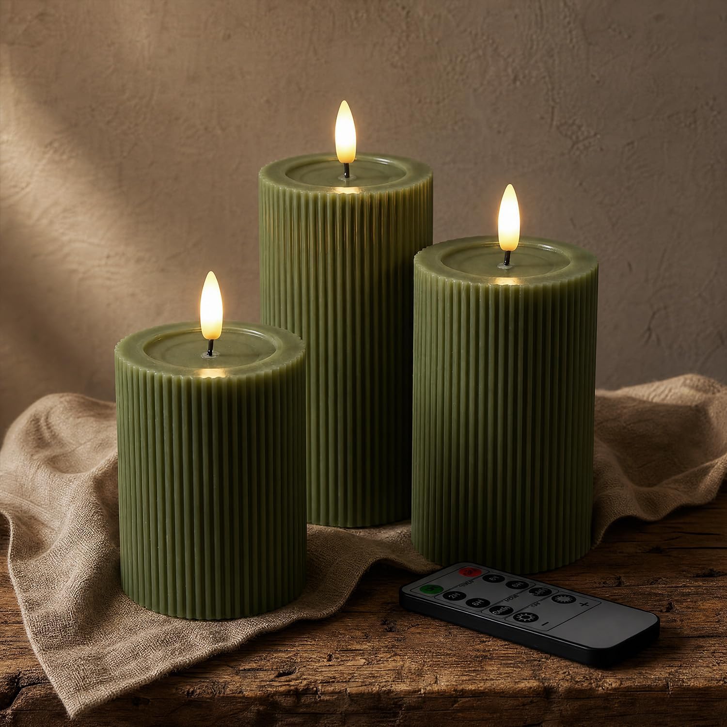 Fluted Ribbed LED Pillar Candles, Loden Green, with Reflective Melted-Wax Effect – Flickering Flame, Remote, Dimmable, Flameless, Battery Operated, Home & Wedding Decor (Set of 3)