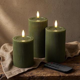 Fluted Ribbed LED Pillar Candles, Loden Green, with Reflective Melted-Wax Effect – Flickering Flame, Remote, Dimmable, Flameless, Battery Operated, Home & Wedding Decor (Set of 3)