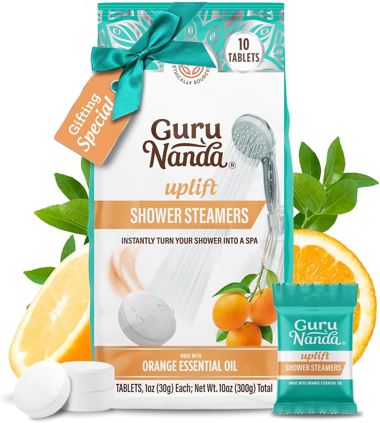 GuruNanda Uplift Shower Steamer Tablets (Pack of 10) - 100% Natural Orange Essential Oil Helps with Mood Enhancement & Relaxation and Eucalyptus aids in Congestion - Perfect for Home Spa & Self Care