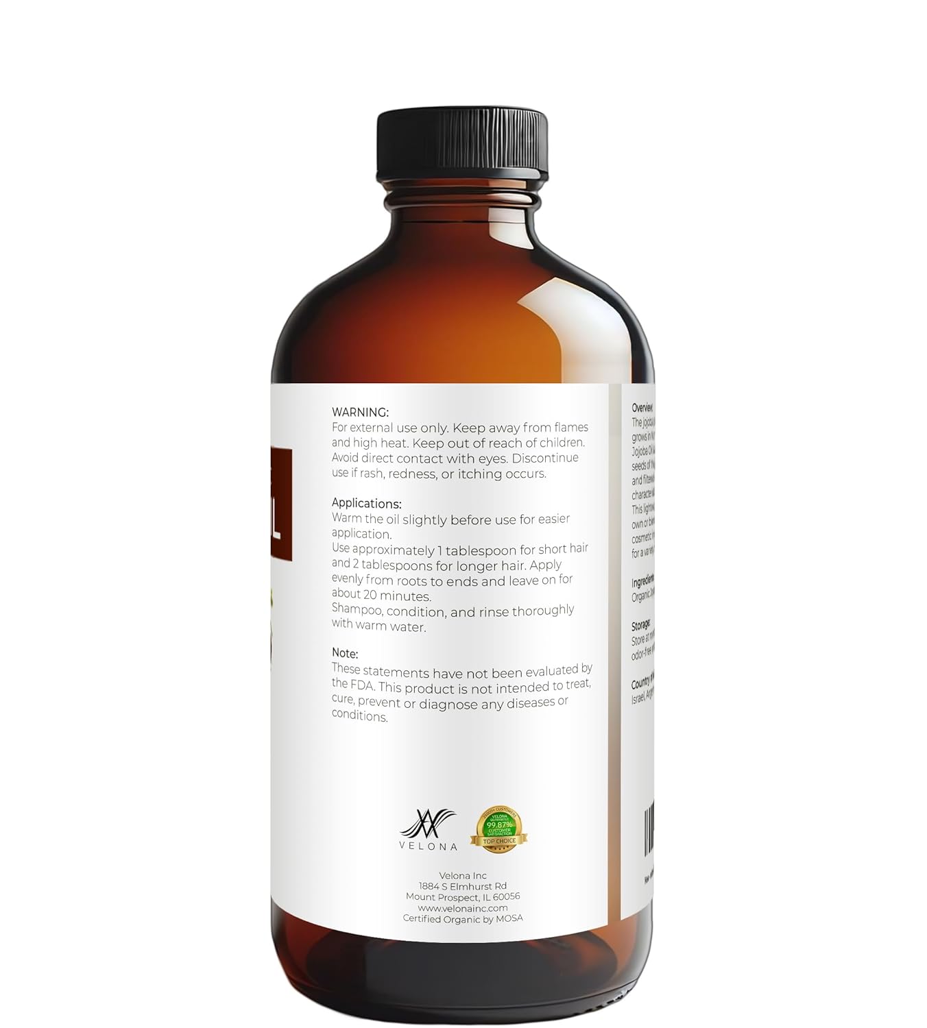 velona Jojoba Oil USDA Certified Organic - 16 Fl Oz in Glass Bottle | 100% Pure and Natural | Golden, Unrefined, Cold Pressed, Hexane Free | Moisturizing Face, Hair, Body, Skin Care