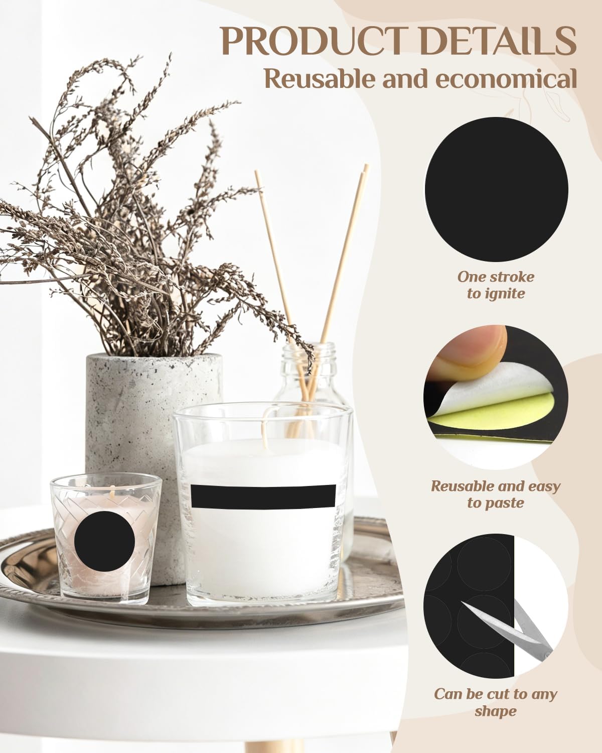 70 PCS Match Striker Stickers, Match Striker Paper with Adhesive, Ideal for Fireplace Matches, Jars, Candles, Camping (Black)